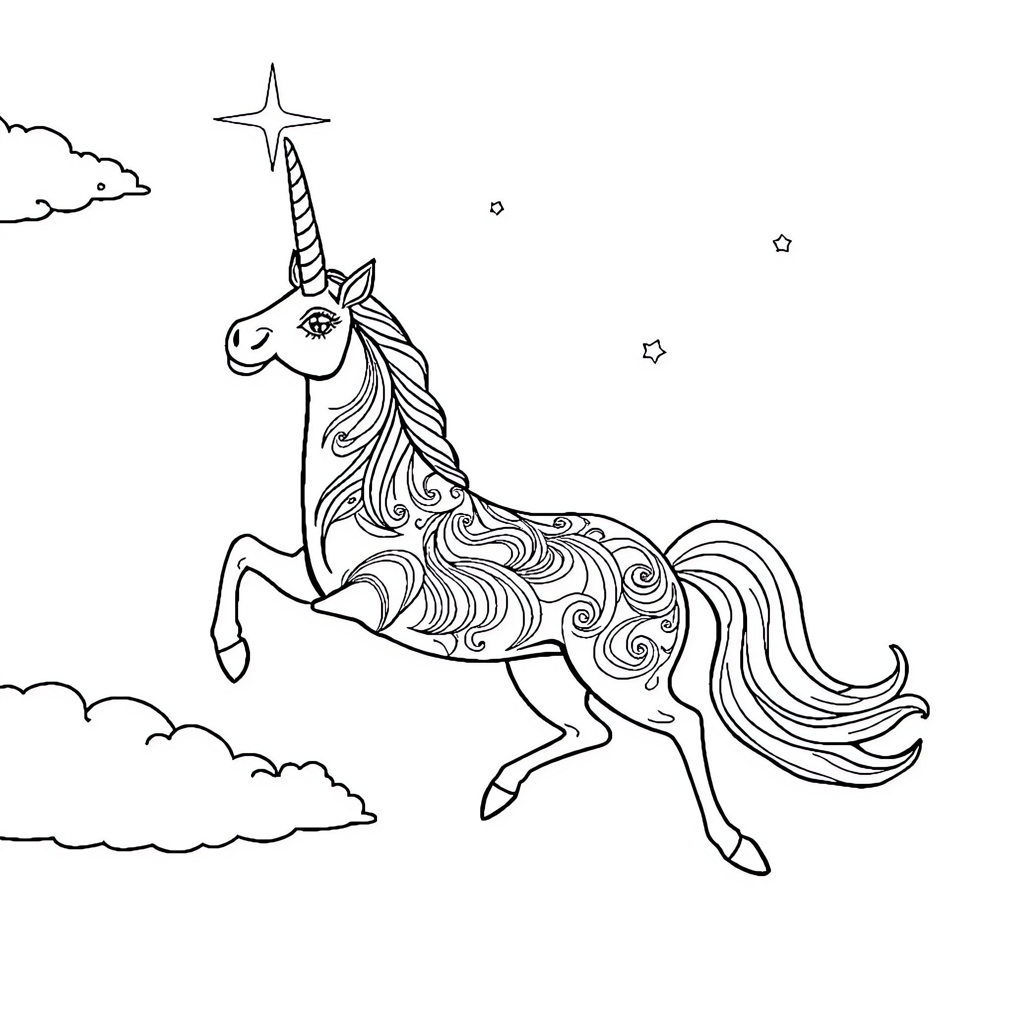 Unicorn Soaring Through Enchanted Clouds Coloring Page (free black-and-white line drawing printable PDF for all, from beginners to advanced learners, including children, teens, adults, and seniors)