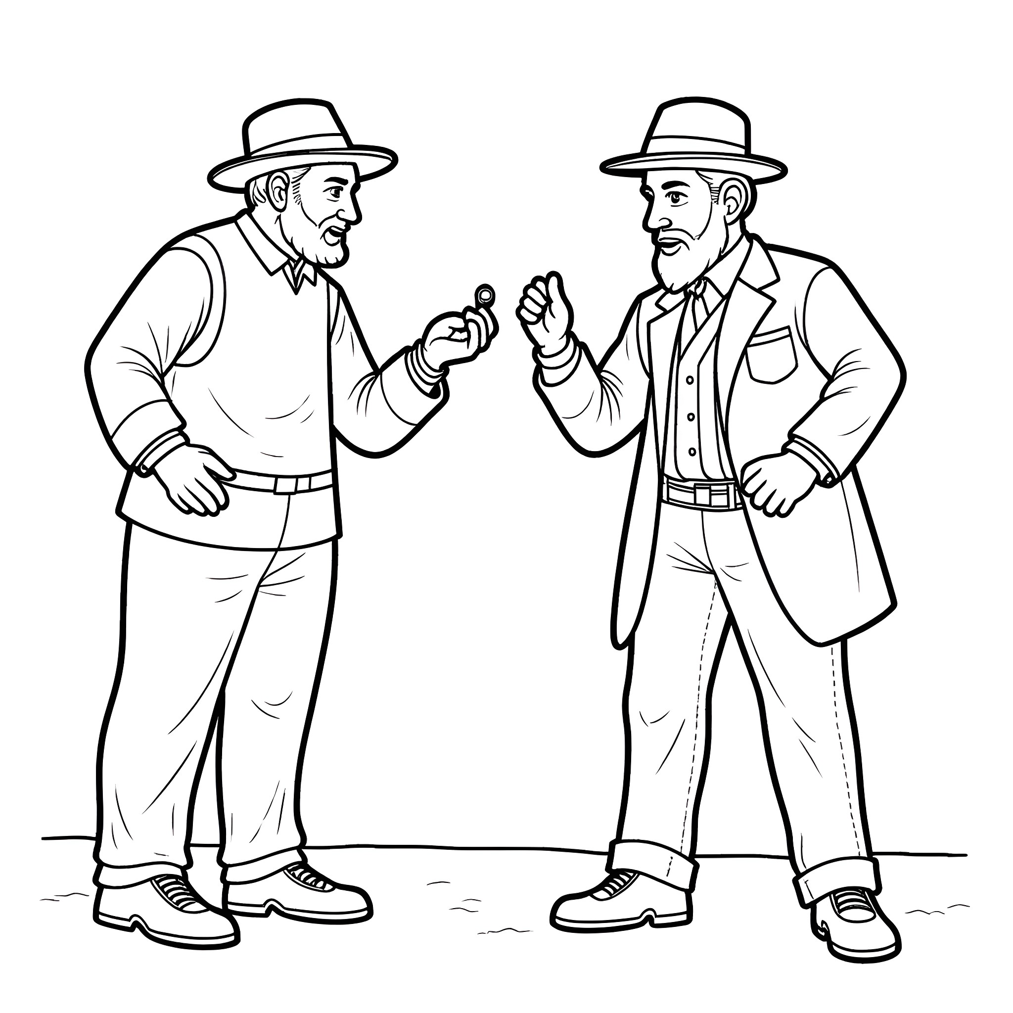 Jewish men in discussion with gestures Coloring Page (free black-and-white line drawing printable PDF for all, from beginners to advanced learners, including children, teens, adults, and seniors)