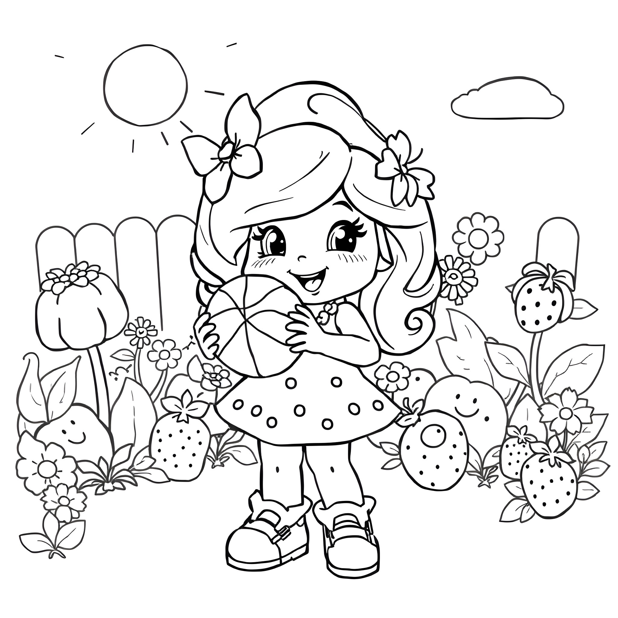 Strawberry Shortcake's Joyful Garden Adventure Coloring Page (free black-and-white line drawing printable PDF for all, from beginners to advanced learners, including children, teens, adults, and seniors)