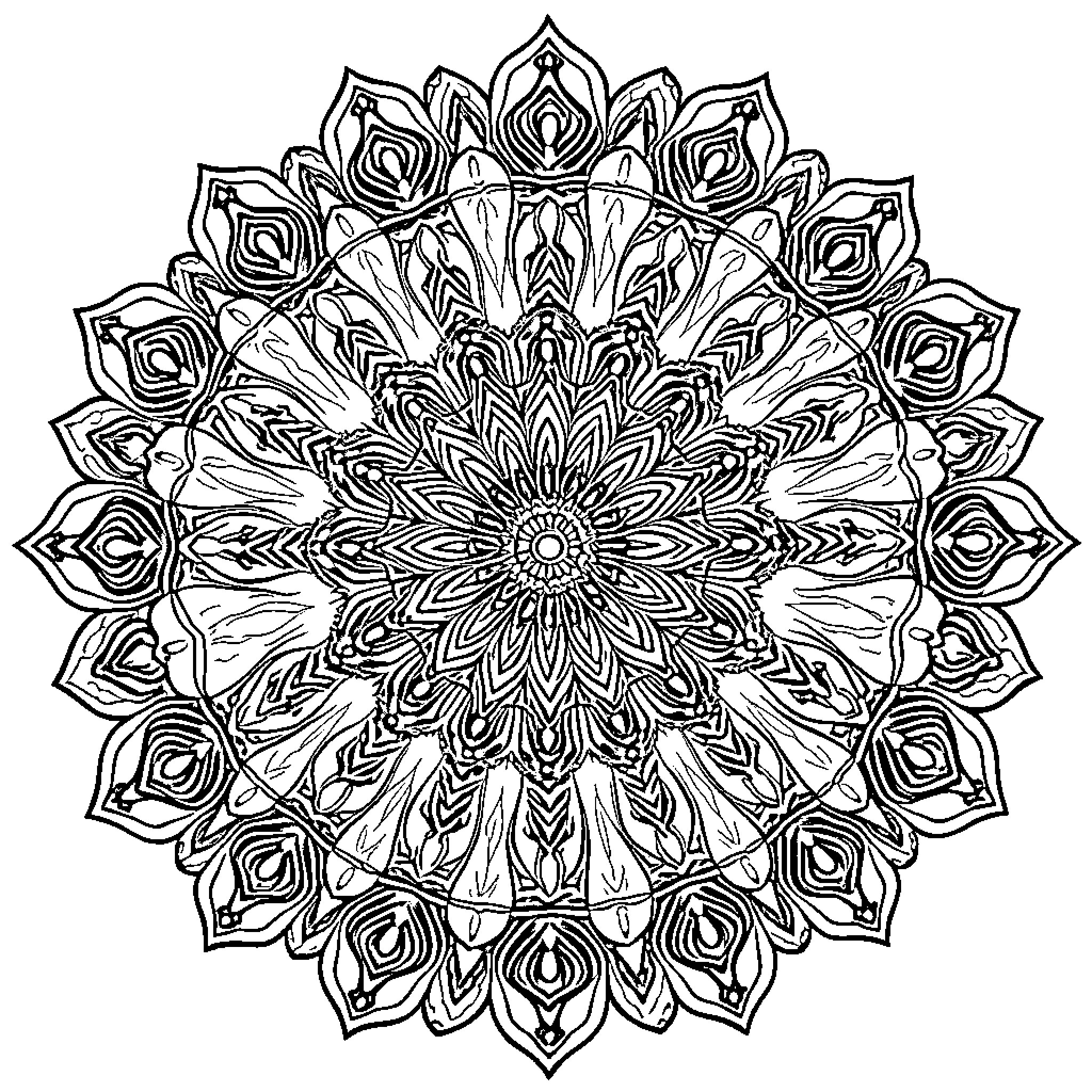 Mandala of intricate floral patterns and shapes Coloring Page (free black-and-white line drawing printable PDF for all, from beginners to advanced learners, including children, teens, adults, and seniors)
