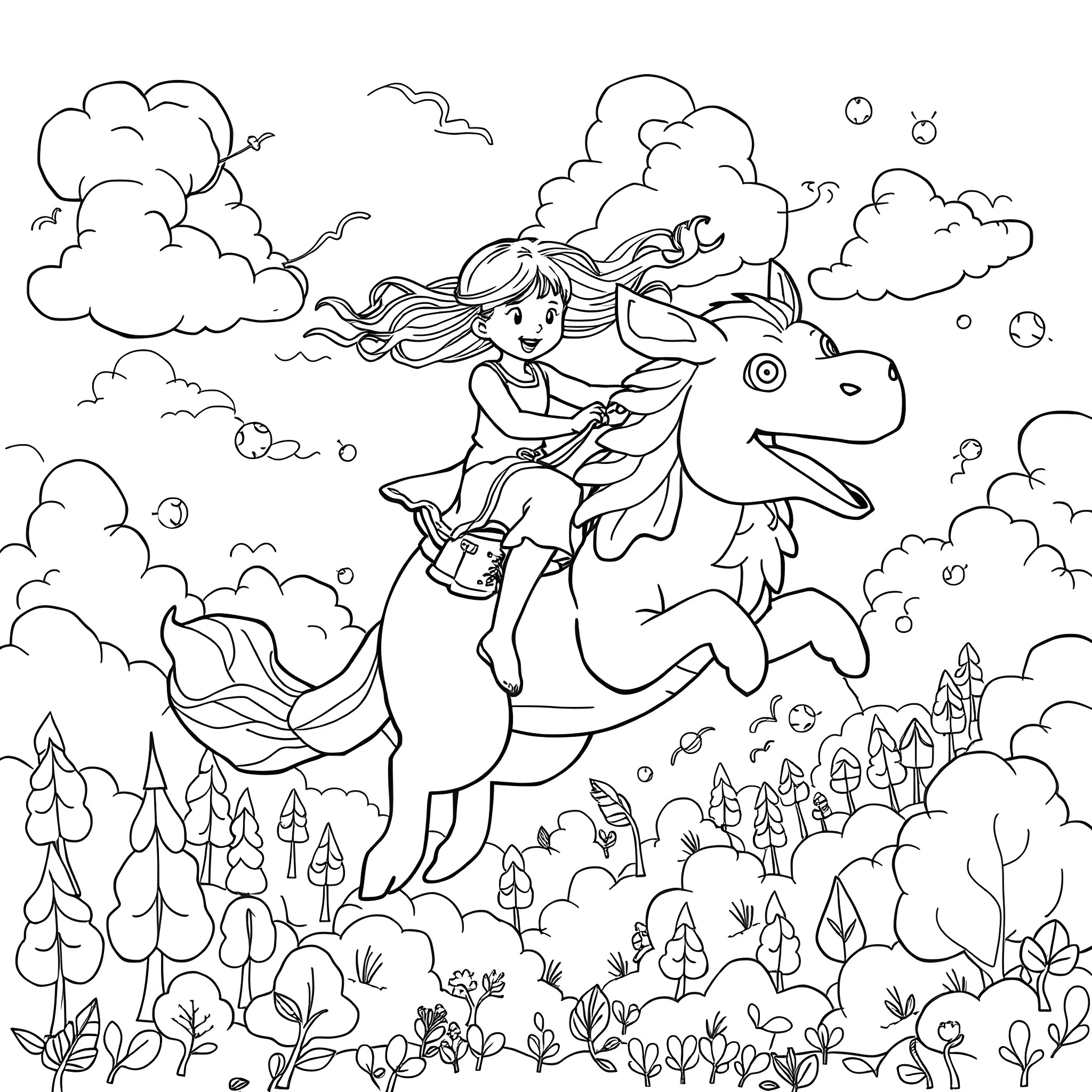 Girl riding a fantasy dragon through a magical forest Coloring Page (free black-and-white line drawing printable PDF for all, from beginners to advanced learners, including children, teens, adults, and seniors)