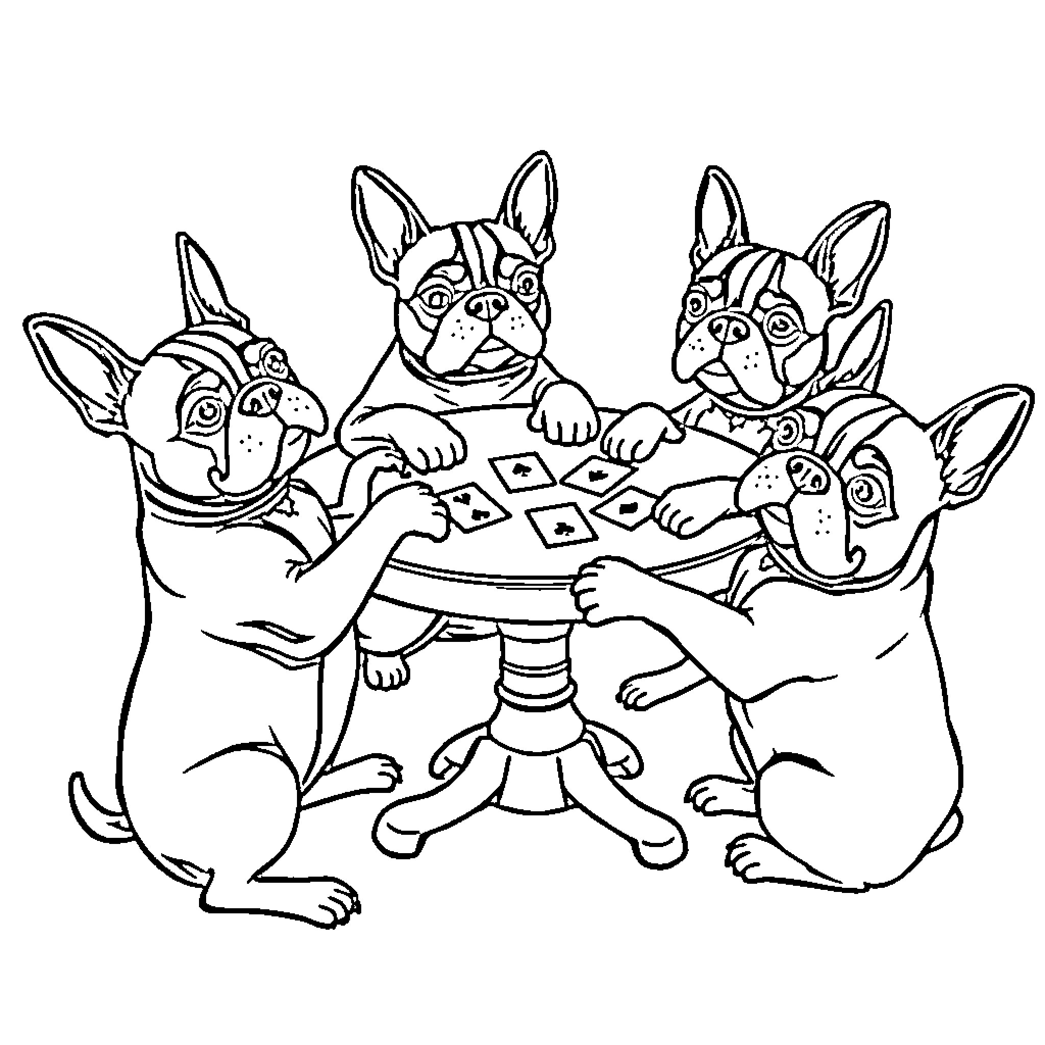 Dogs playing a board game together Coloring Page (free black-and-white line drawing printable PDF for all, from beginners to advanced learners, including children, teens, adults, and seniors)