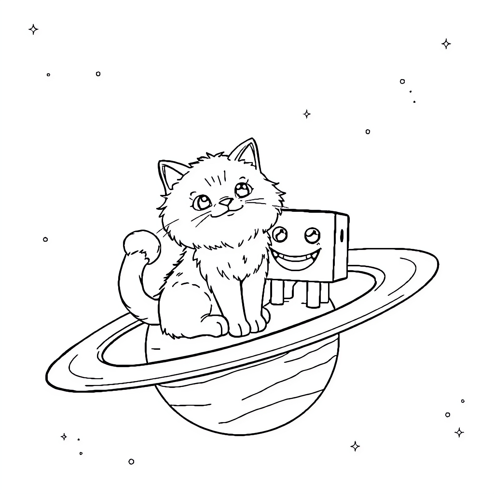 Cat riding a UFO in space Coloring Page (free black-and-white line drawing printable PDF for all, from beginners to advanced learners, including children, teens, adults, and seniors)