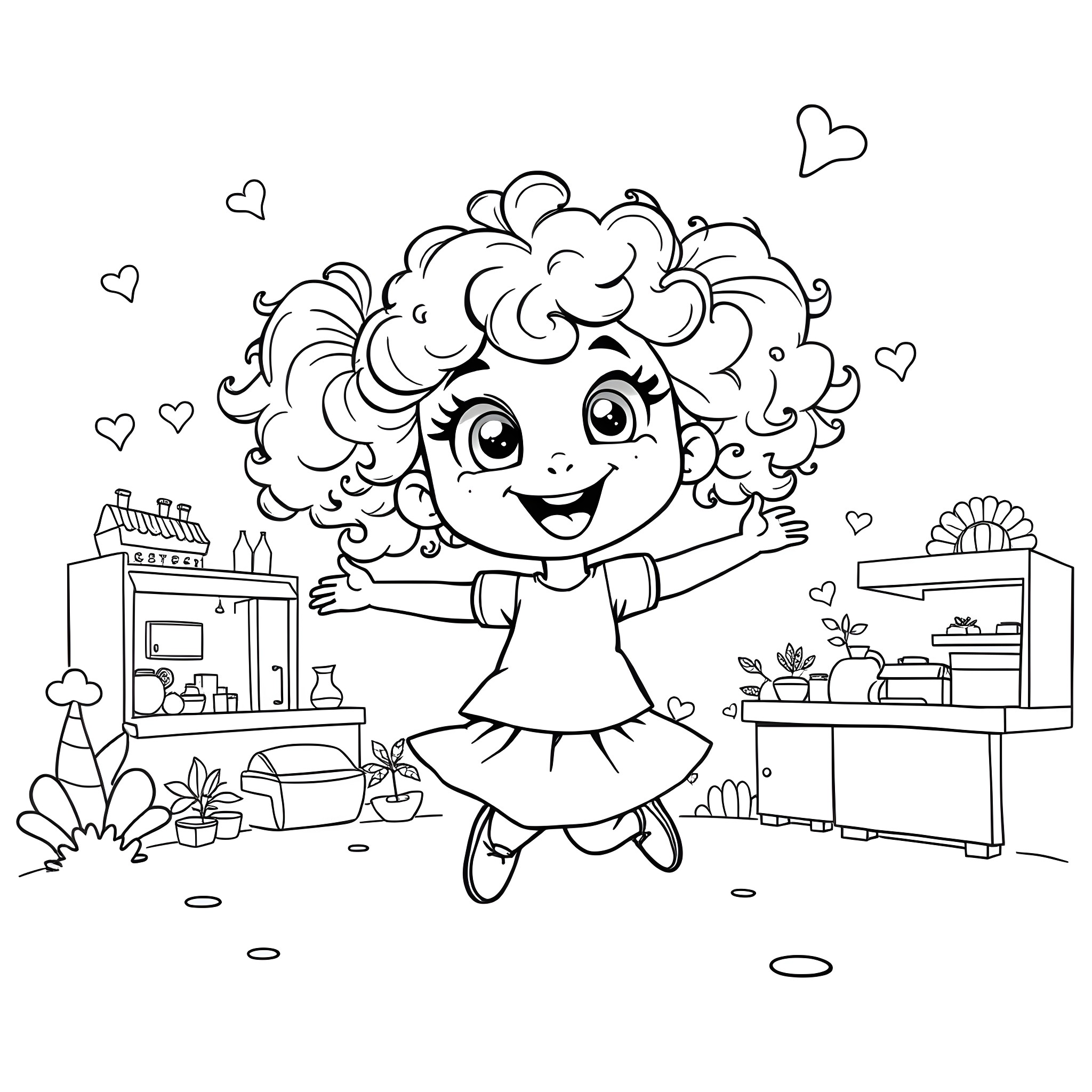 Girl happily dancing in her room Coloring Page (free black-and-white line drawing printable PDF for all, from beginners to advanced learners, including children, teens, adults, and seniors)