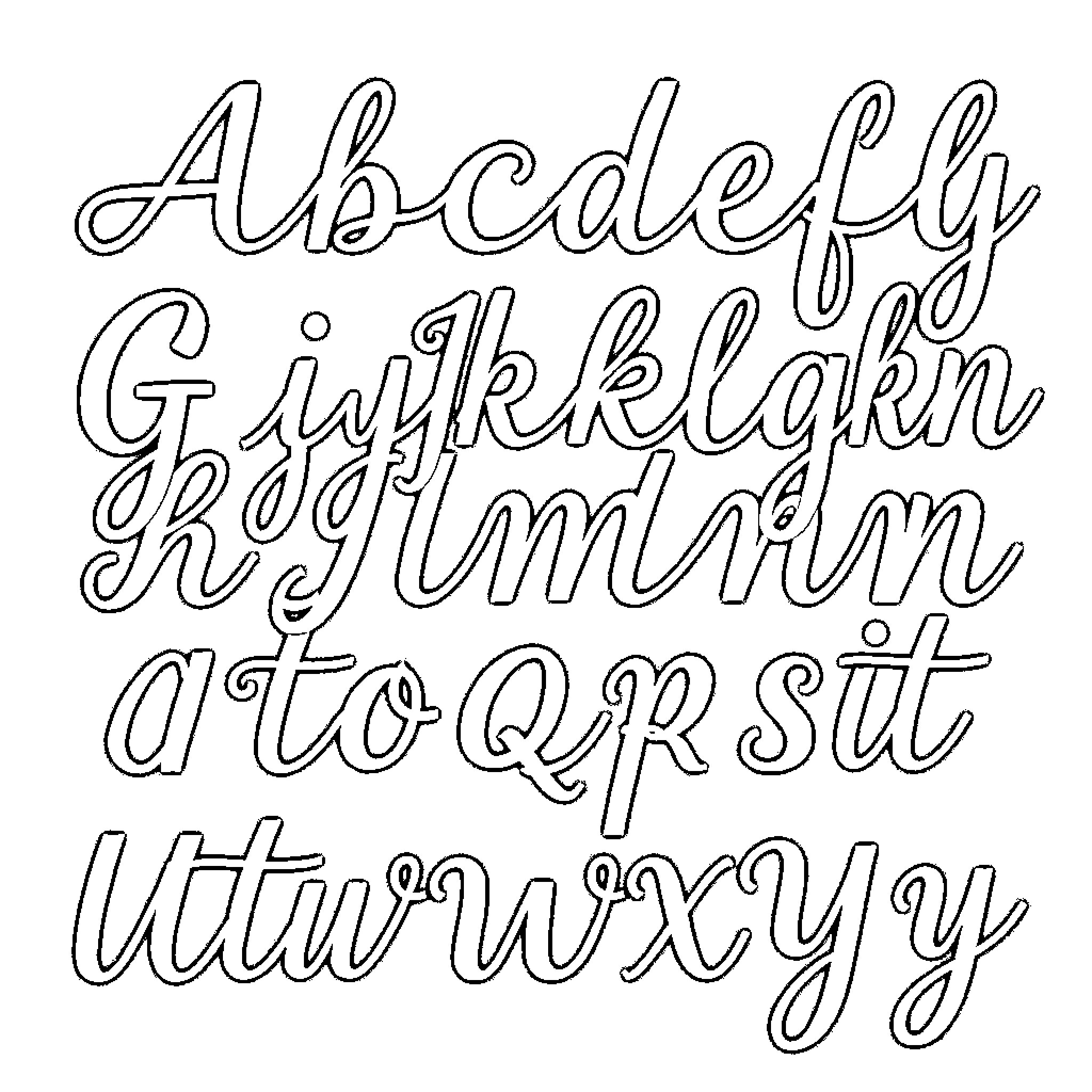 Alphabet of flowing, cursive lettering Coloring Page (free black-and-white line drawing printable PDF for all, from beginners to advanced learners, including children, teens, adults, and seniors)