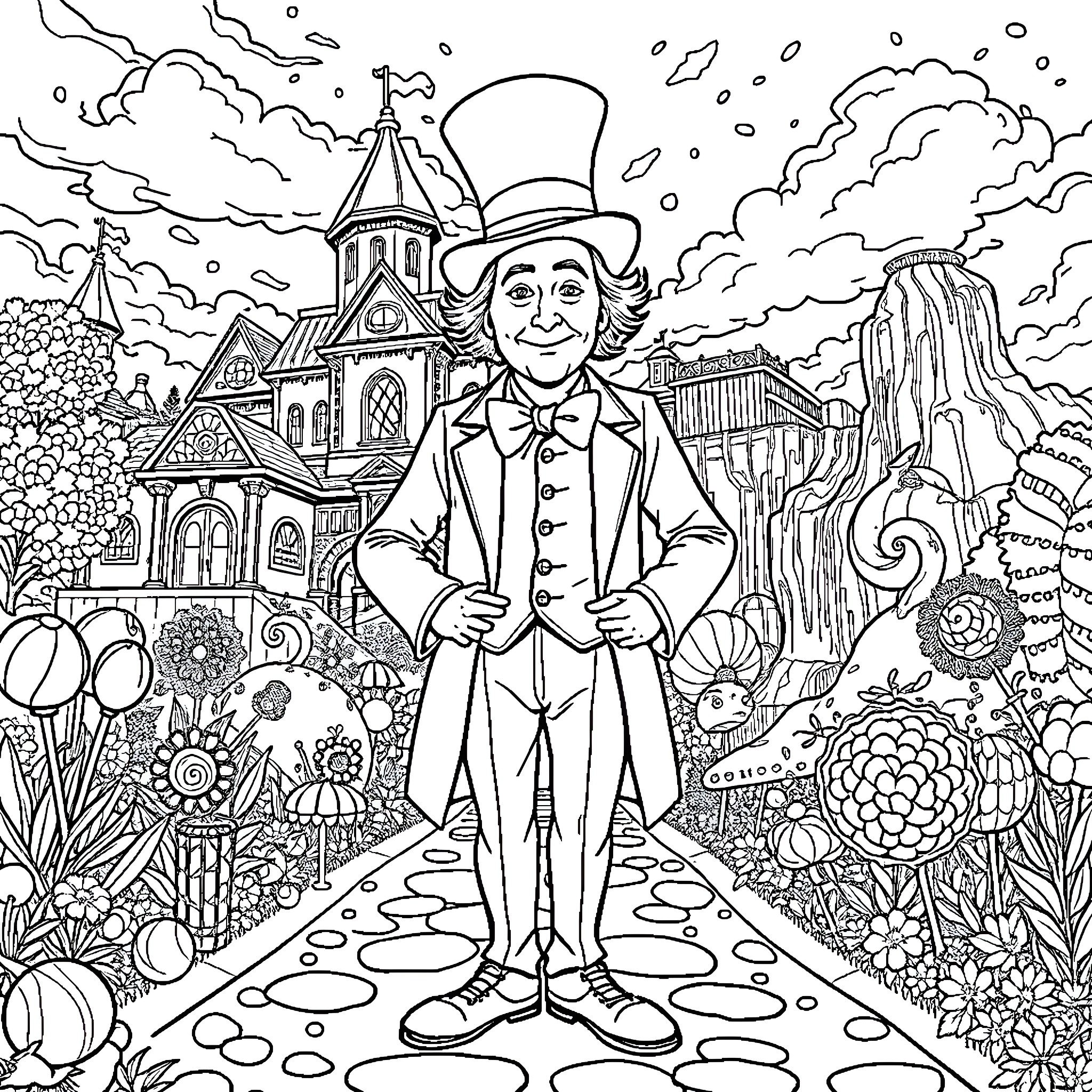 Willy Wonka in a fantastical chocolate wonderland Coloring Page (free black-and-white line drawing printable PDF for all, from beginners to advanced learners, including children, teens, adults, and seniors)