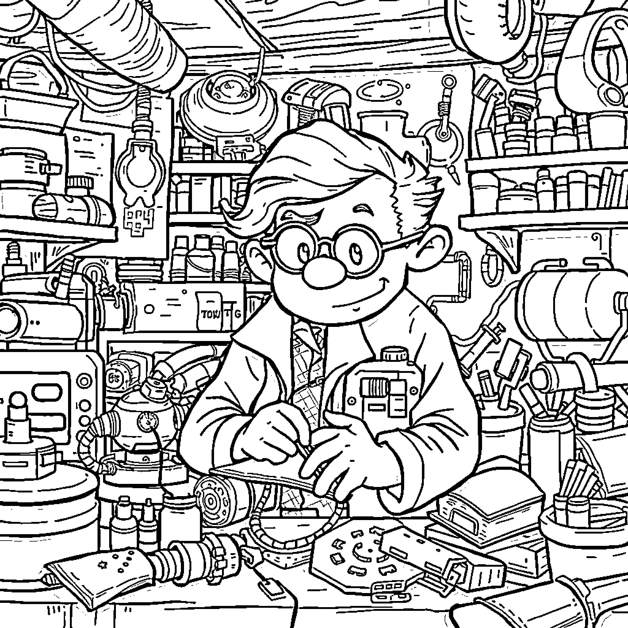 Inventor working passionately in cluttered workshop Coloring Page (free black-and-white line drawing printable PDF for all, from beginners to advanced learners, including children, teens, adults, and seniors)