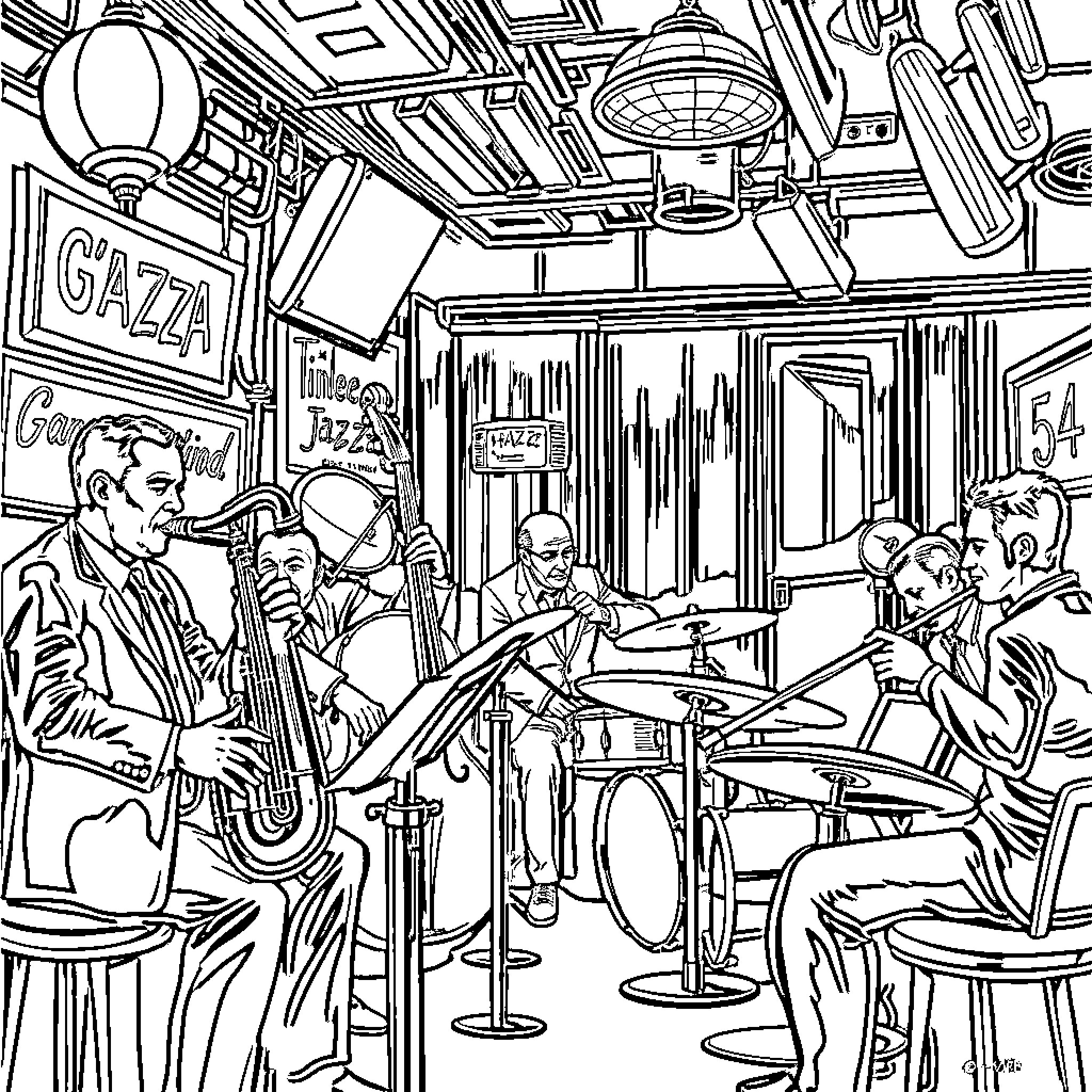 Jazz musicians performing lively on stage Coloring Page (free black-and-white line drawing printable PDF for all, from beginners to advanced learners, including children, teens, adults, and seniors)