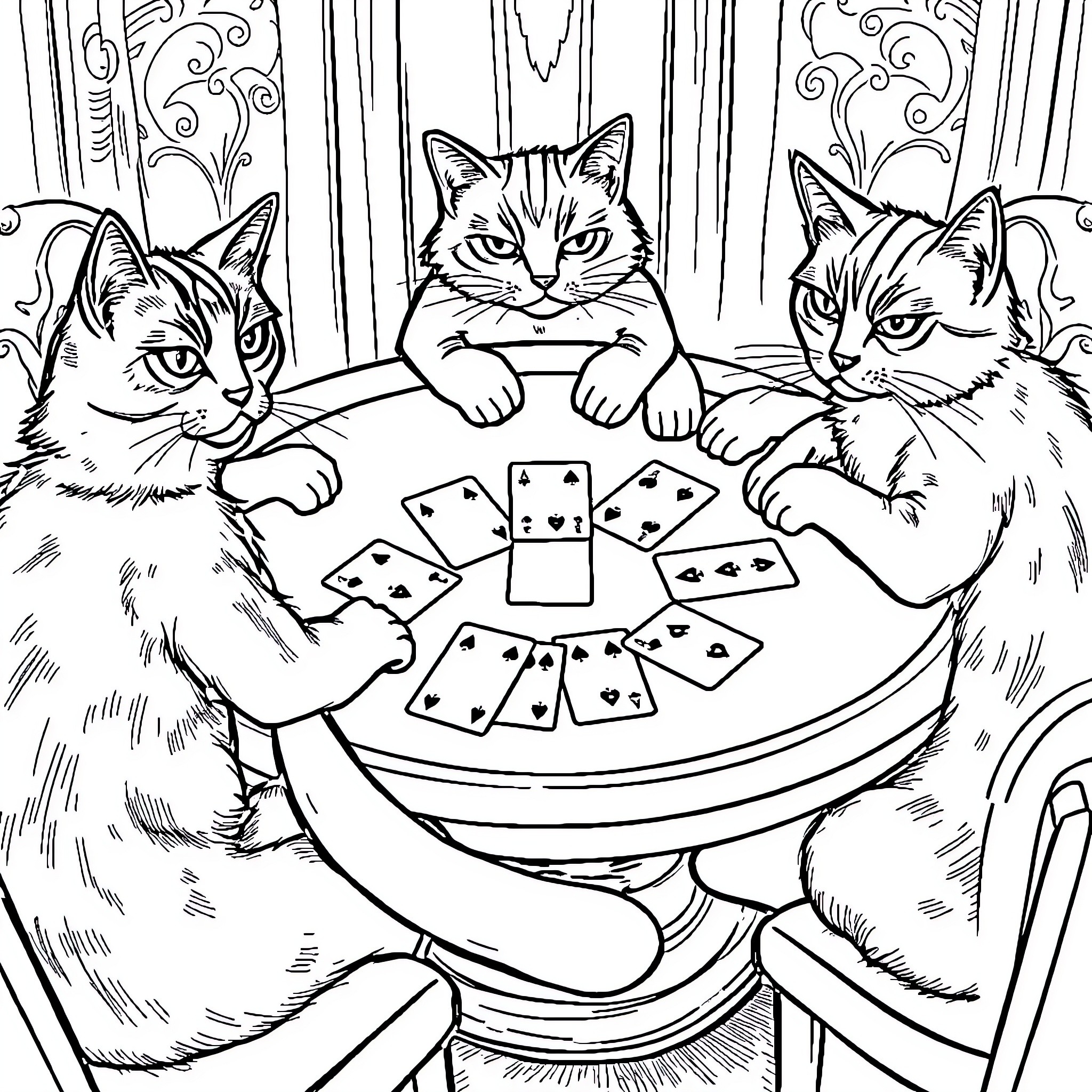 Cats Playing Cards Together Coloring Page (free black-and-white line drawing printable PDF for all, from beginners to advanced learners, including children, teens, adults, and seniors)
