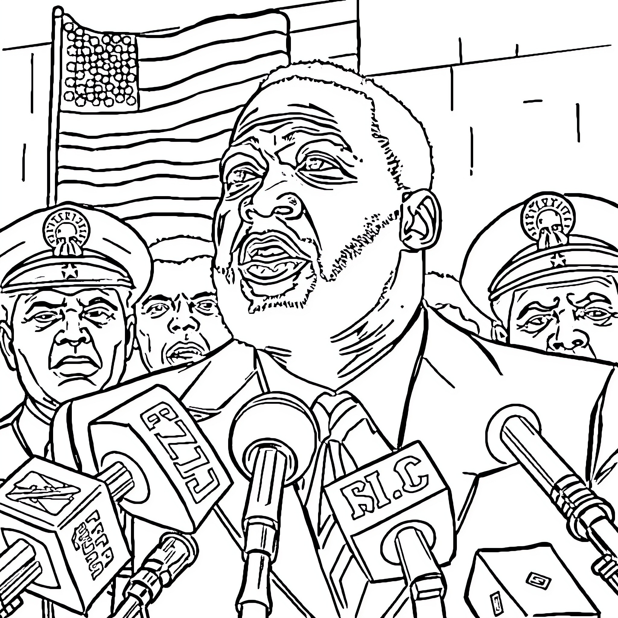 Rodney King speaking at press conference with police officers Coloring Page (free black-and-white line drawing printable PDF for all, from beginners to advanced learners, including children, teens, adults, and seniors)