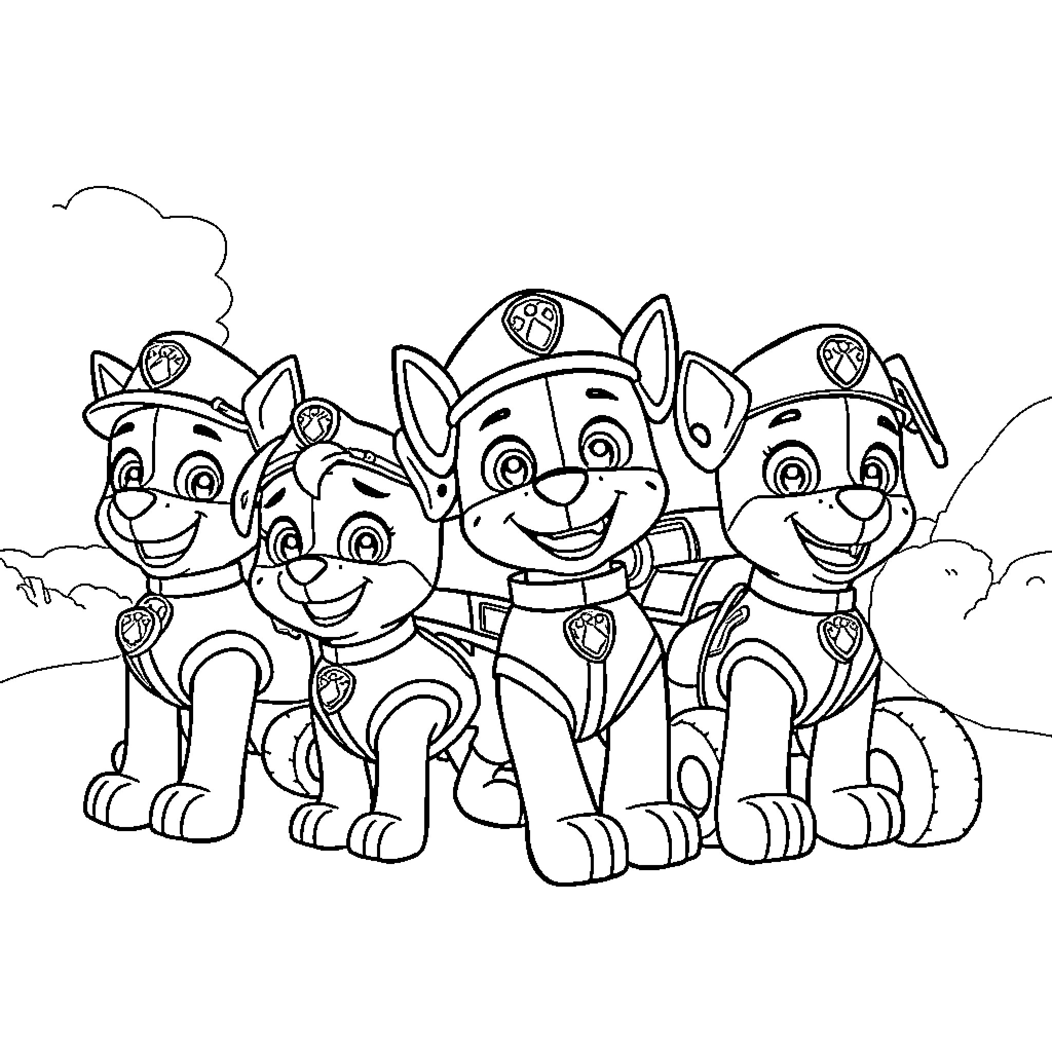 Paw Patrol puppy team in action Coloring Page (free black-and-white line drawing printable PDF for all, from beginners to advanced learners, including children, teens, adults, and seniors)