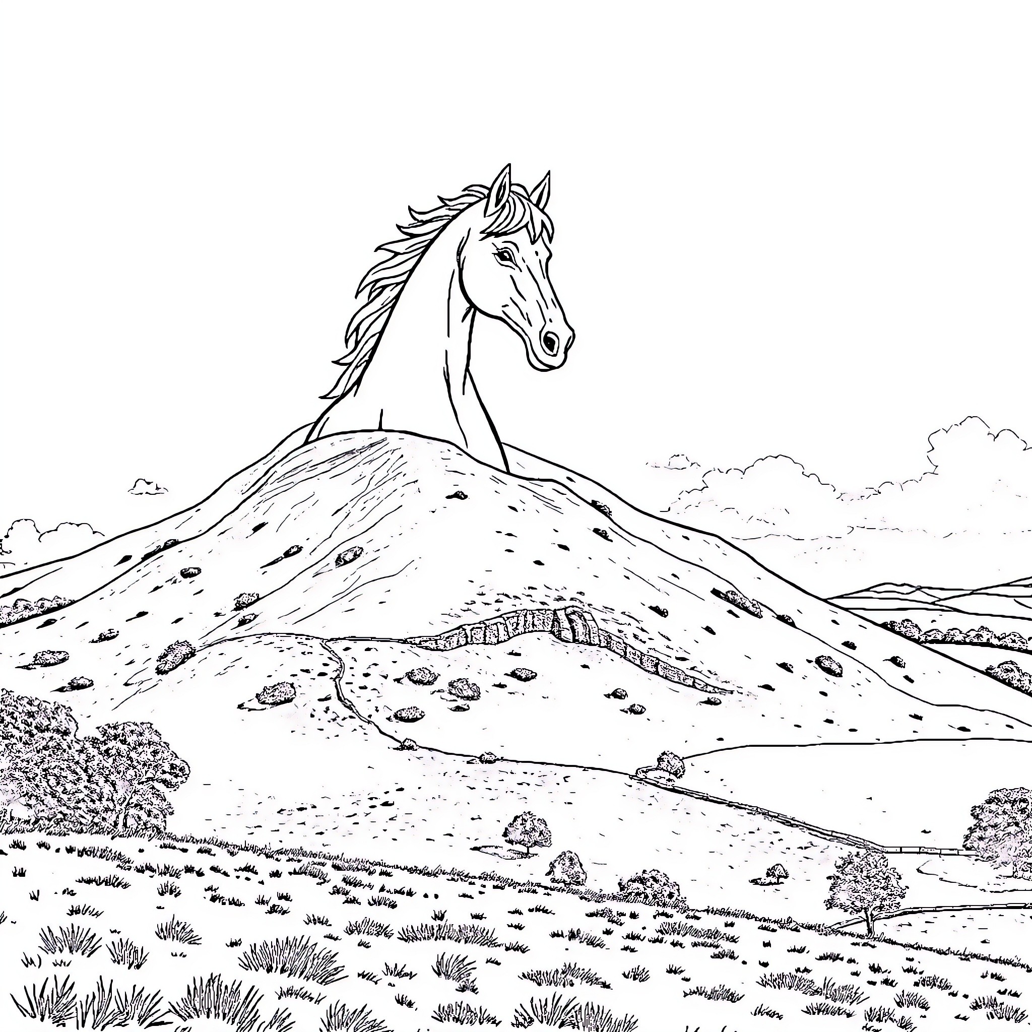 Horse Standing Proud on a Scenic Hilltop Coloring Page (free black-and-white line drawing printable PDF for all, from beginners to advanced learners, including children, teens, adults, and seniors)