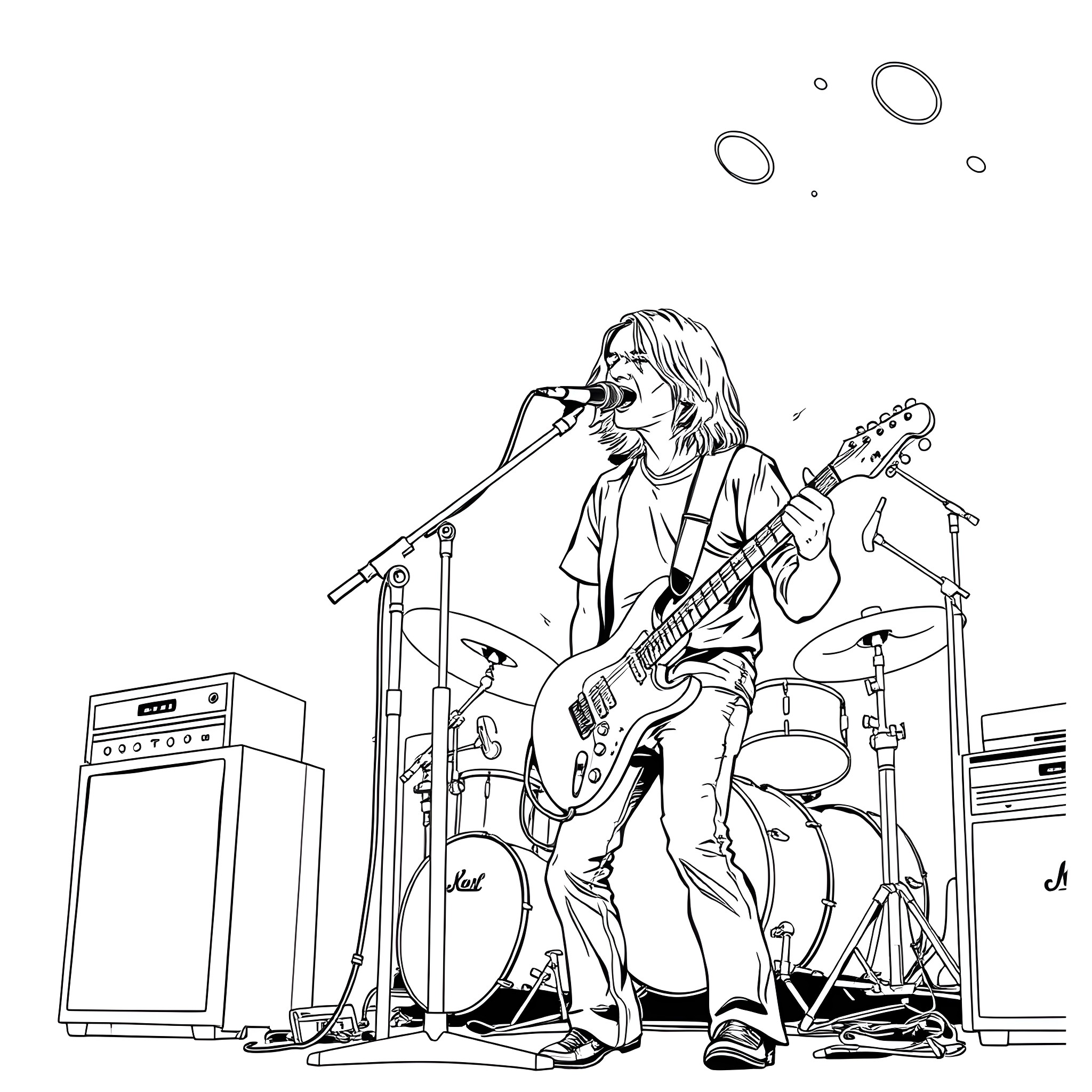 Kurt Cobain performing on stage with guitar and microphone Coloring Page (free black-and-white line drawing printable PDF for all, from beginners to advanced learners, including children, teens, adults, and seniors)