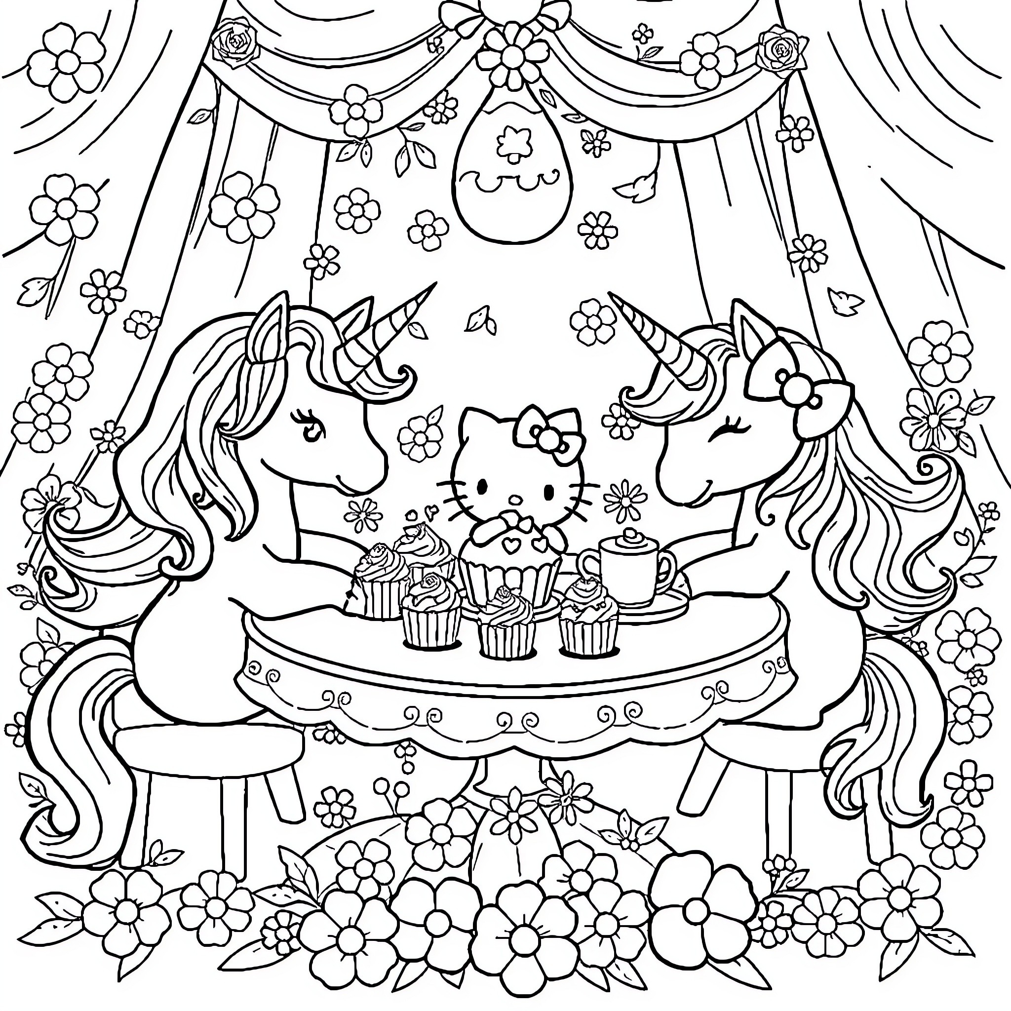 Unicorn birthday party with magical treats and decor Coloring Page (free black-and-white line drawing printable PDF for all, from beginners to advanced learners, including children, teens, adults, and seniors)