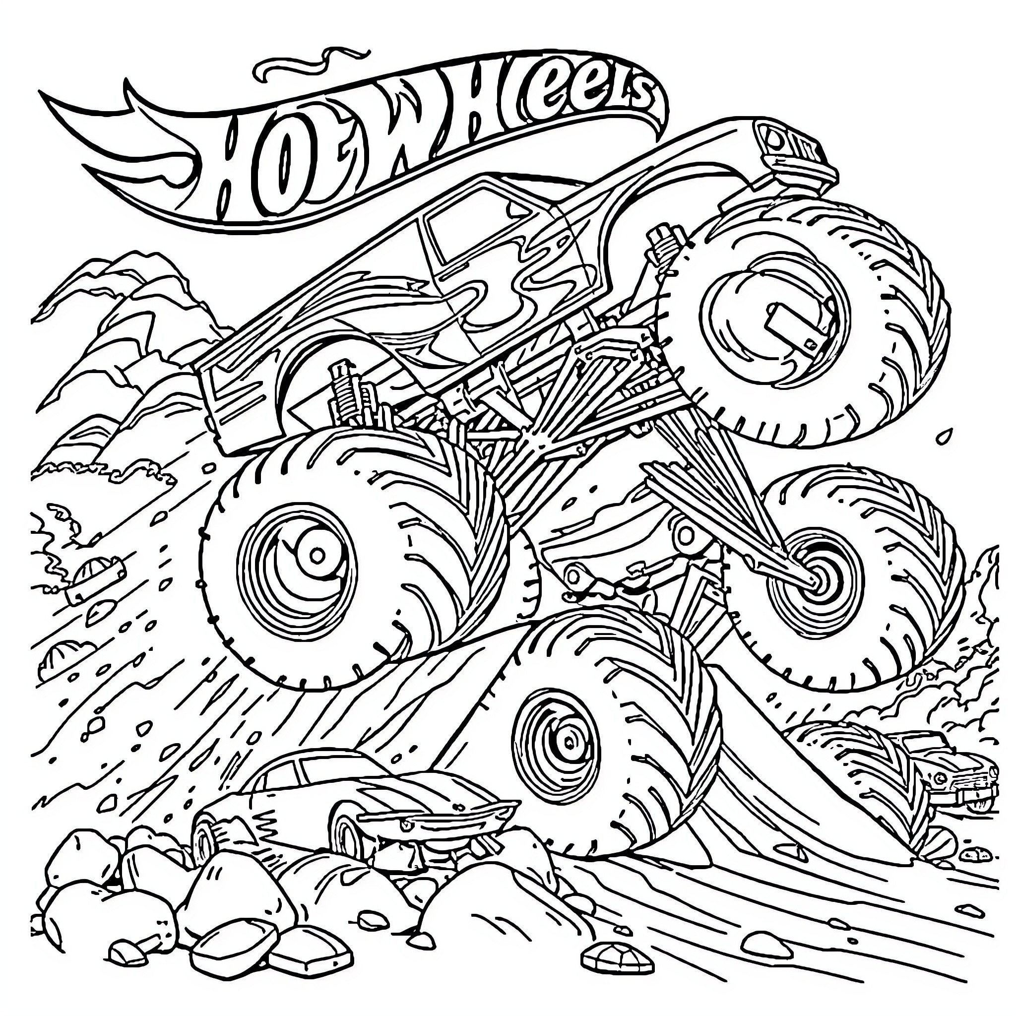 Monster Truck performing jumps and stunts in rugged terrain Coloring Page (free black-and-white line drawing printable PDF for all, from beginners to advanced learners, including children, teens, adults, and seniors)