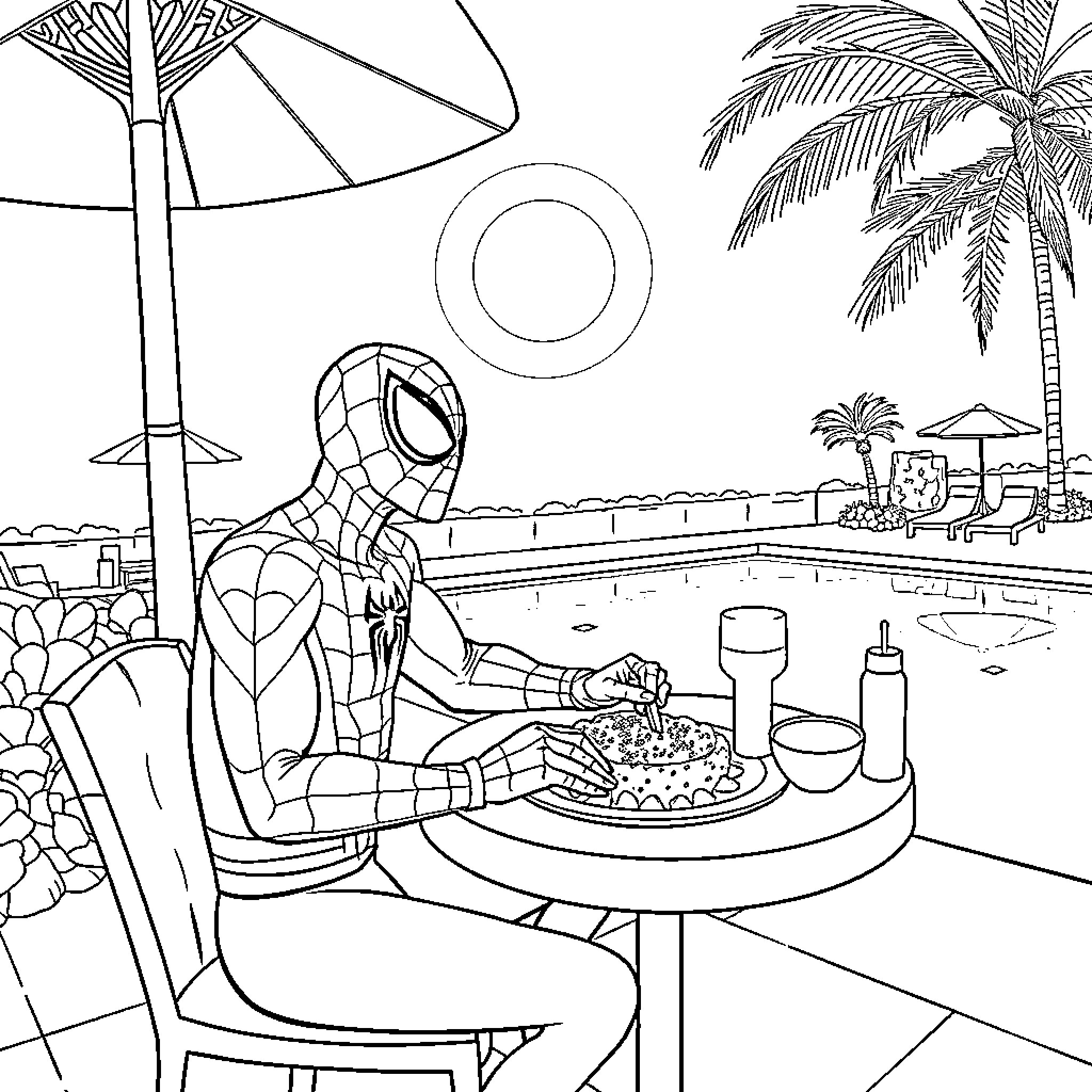 Spiderman enjoying a poolside snack on a sunny day Coloring Page (free black-and-white line drawing printable PDF for all, from beginners to advanced learners, including children, teens, adults, and seniors)