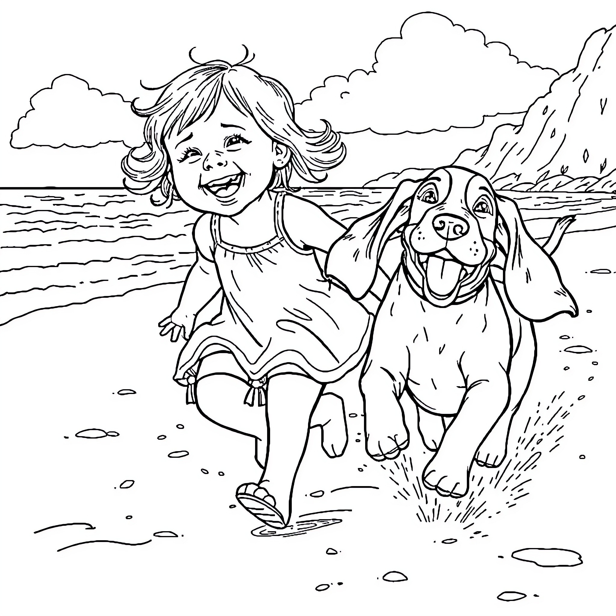 Basset Hound playing happily with a young girl on the beach Coloring Page (free black-and-white line drawing printable PDF for all, from beginners to advanced learners, including children, teens, adults, and seniors)