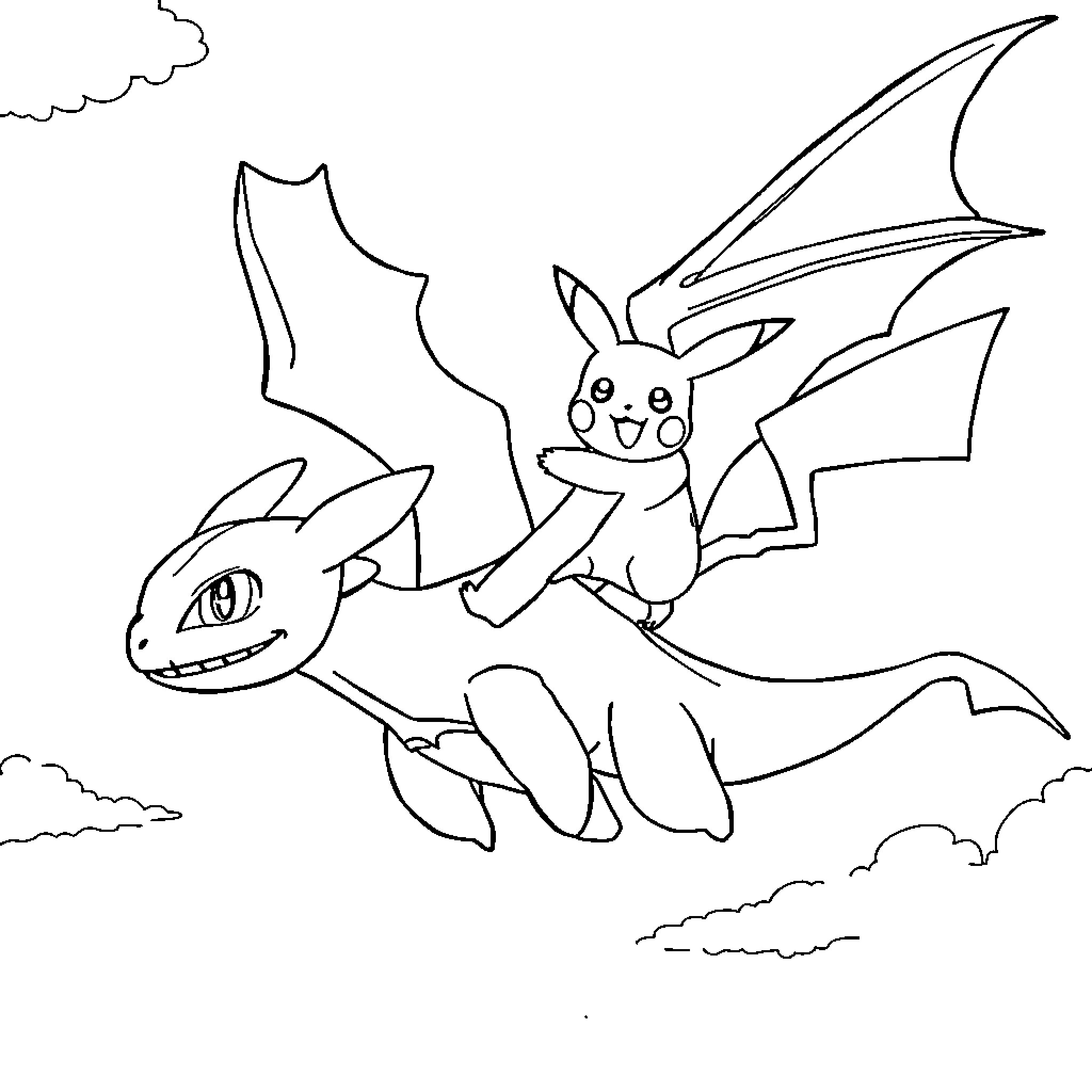 Pikachu riding a dragon through the sky Coloring Page (free black-and-white line drawing printable PDF for all, from beginners to advanced learners, including children, teens, adults, and seniors)