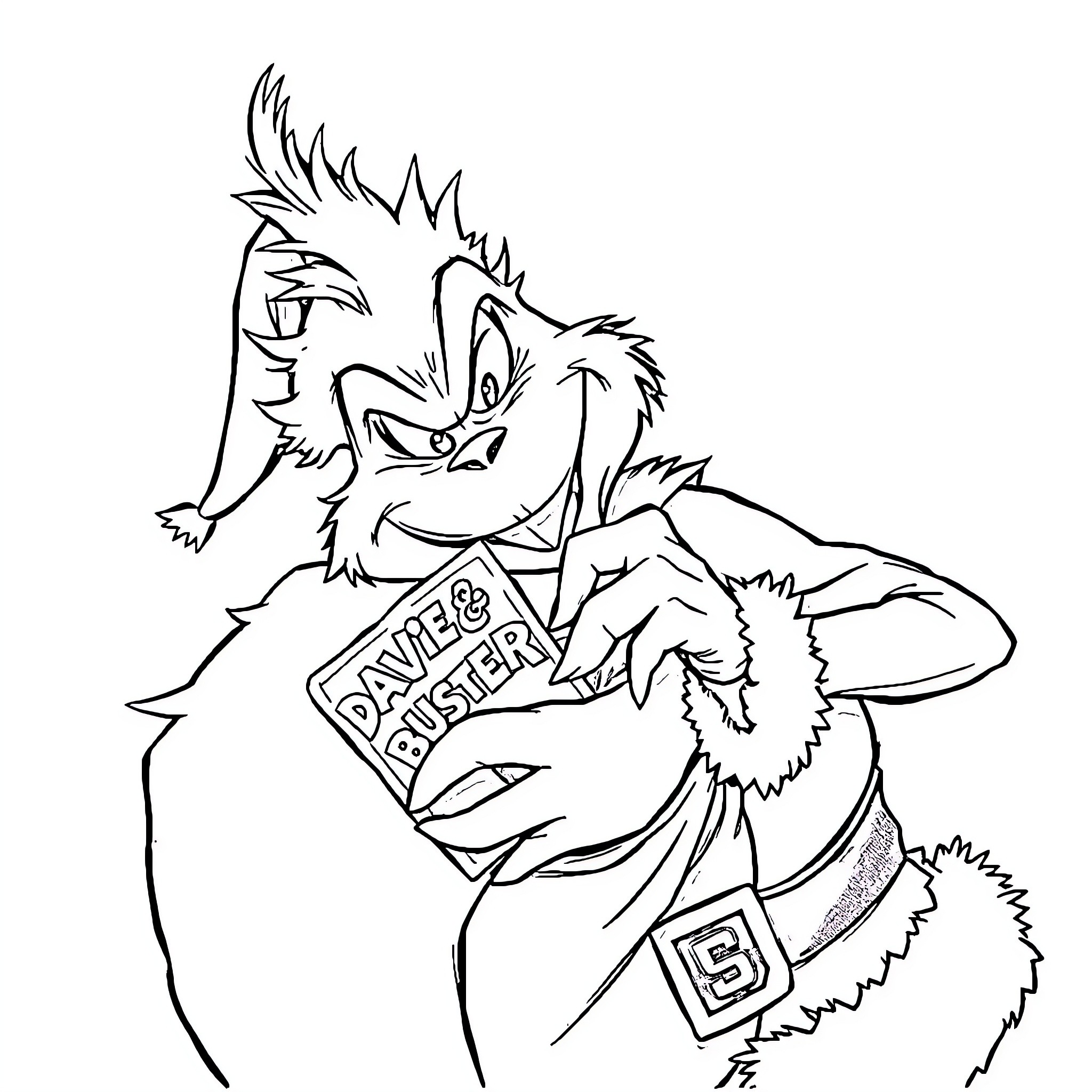 Grinch carrying a 'Date Buster' sign Coloring Page (free black-and-white line drawing printable PDF for all, from beginners to advanced learners, including children, teens, adults, and seniors)