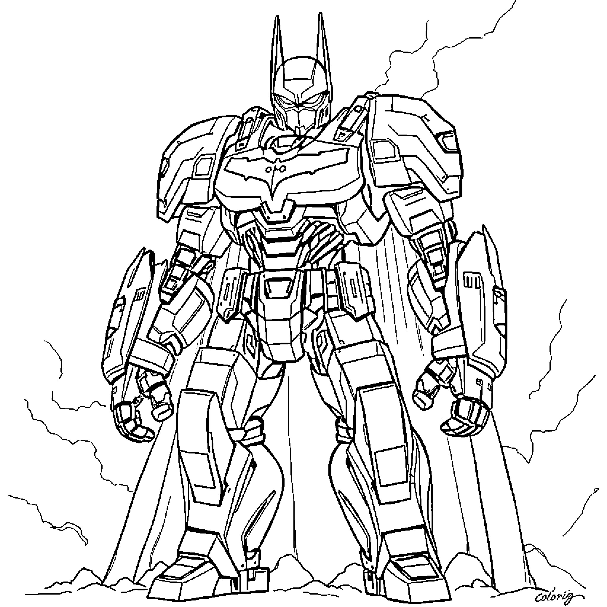 Mecha Batman unleashing powerful weaponry in an epic battle Coloring Page (free black-and-white line drawing printable PDF for all, from beginners to advanced learners, including children, teens, adults, and seniors)