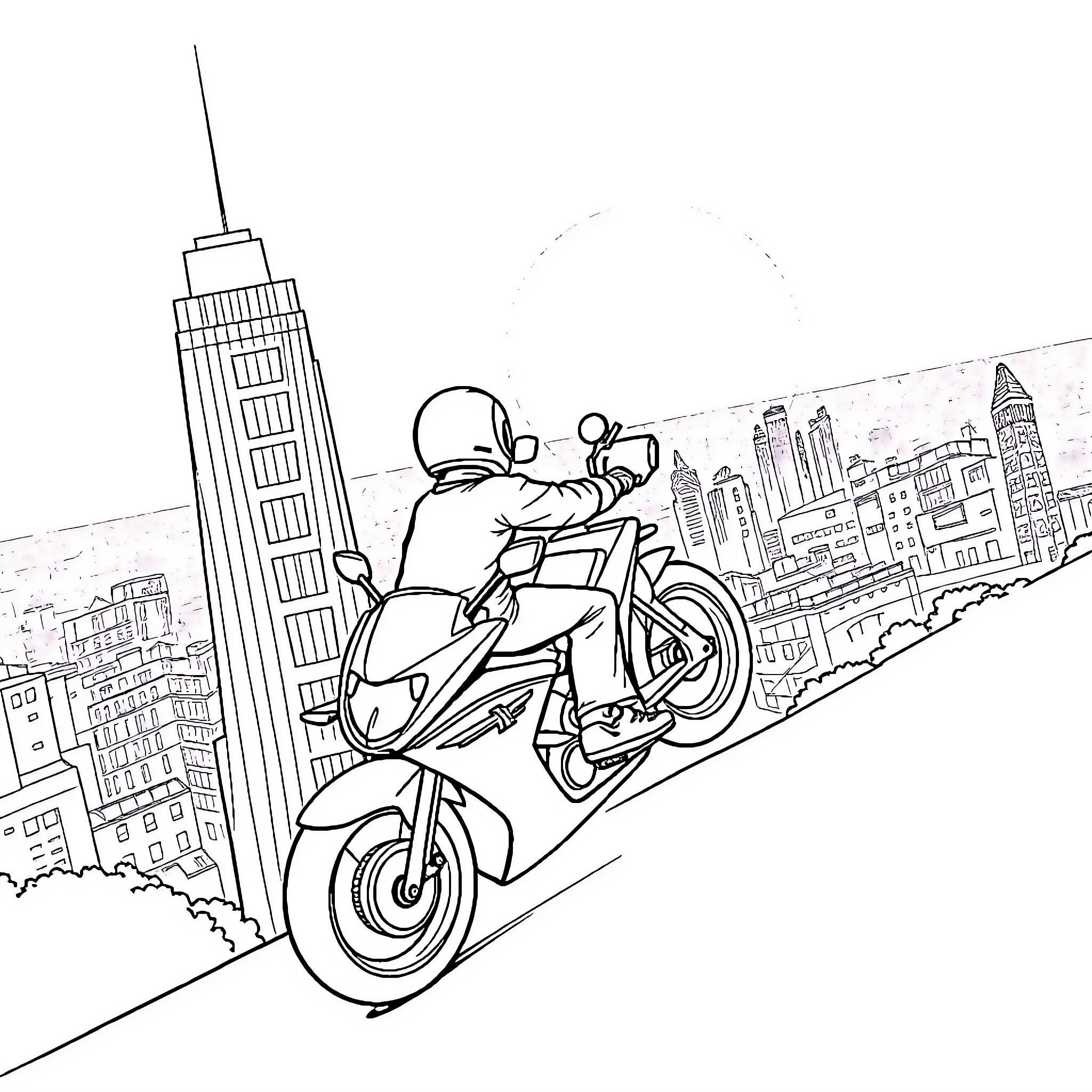 Child riding motorcycle through urban cityscape Coloring Page (free black-and-white line drawing printable PDF for all, from beginners to advanced learners, including children, teens, adults, and seniors)