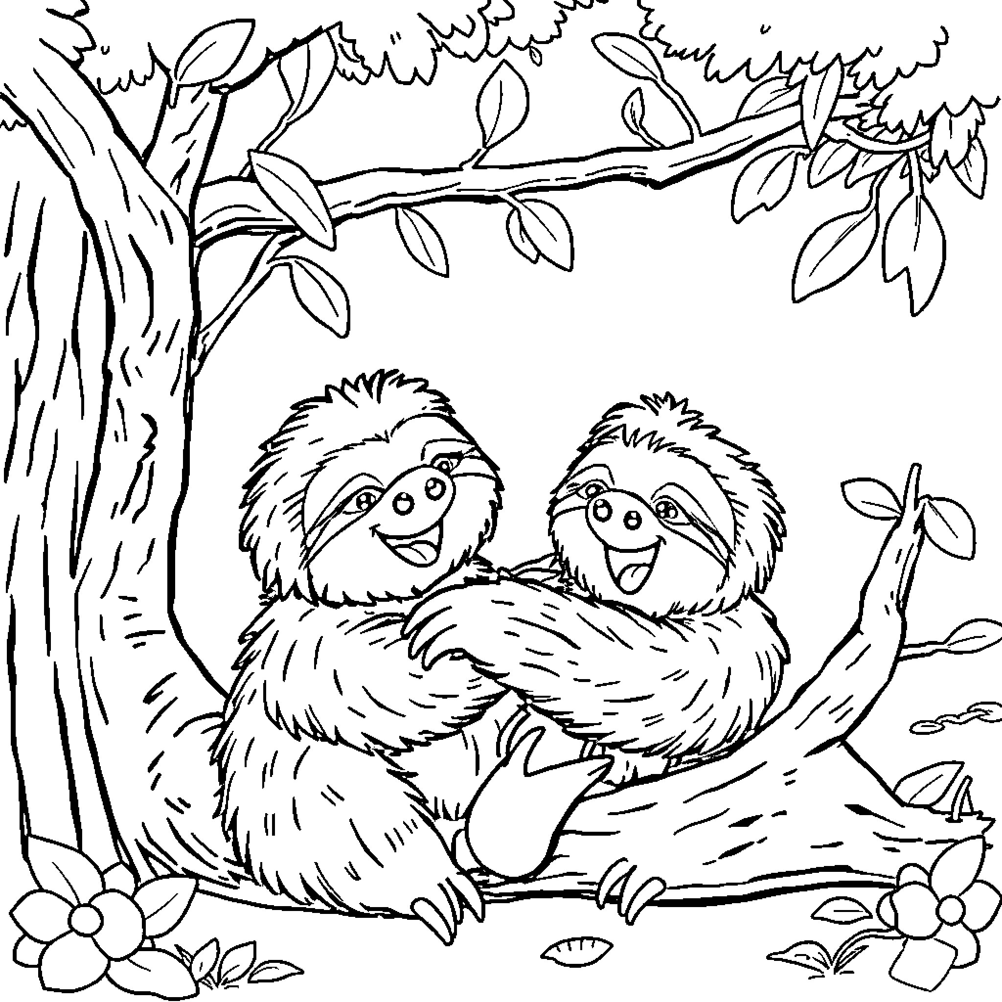 Sloth friends relaxing in the forest Coloring Page (free black-and-white line drawing printable PDF for all, from beginners to advanced learners, including children, teens, adults, and seniors)