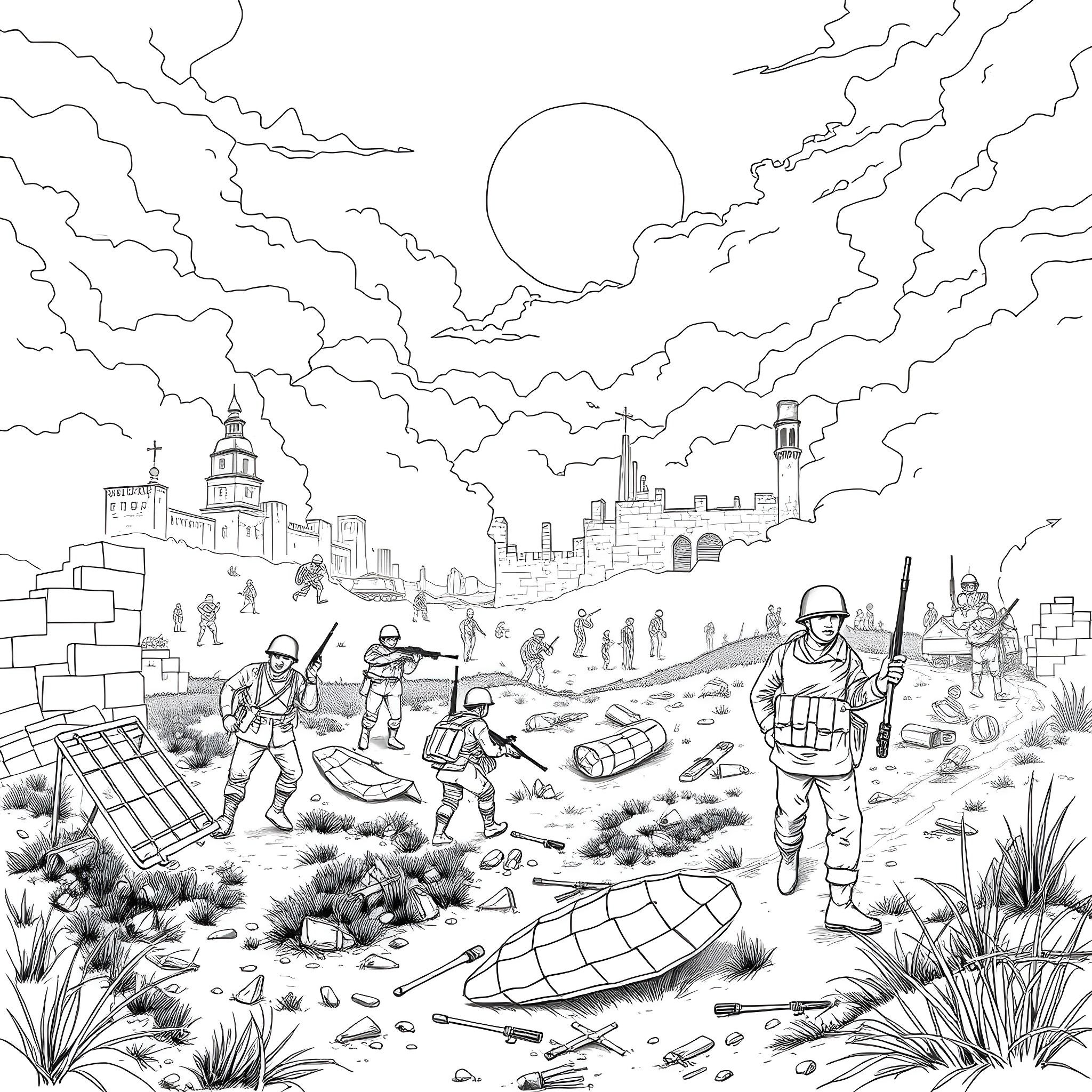 Korean War Soldiers in Combat Amid Destroyed Cityscape Coloring Page (free black-and-white line drawing printable PDF for all, from beginners to advanced learners, including children, teens, adults, and seniors)