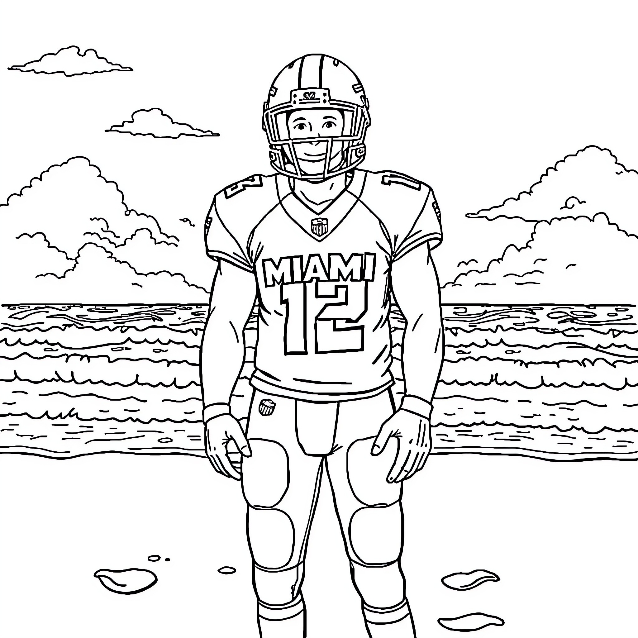 Dolphin player in sports jersey on beach Coloring Page (free black-and-white line drawing printable PDF for all, from beginners to advanced learners, including children, teens, adults, and seniors)