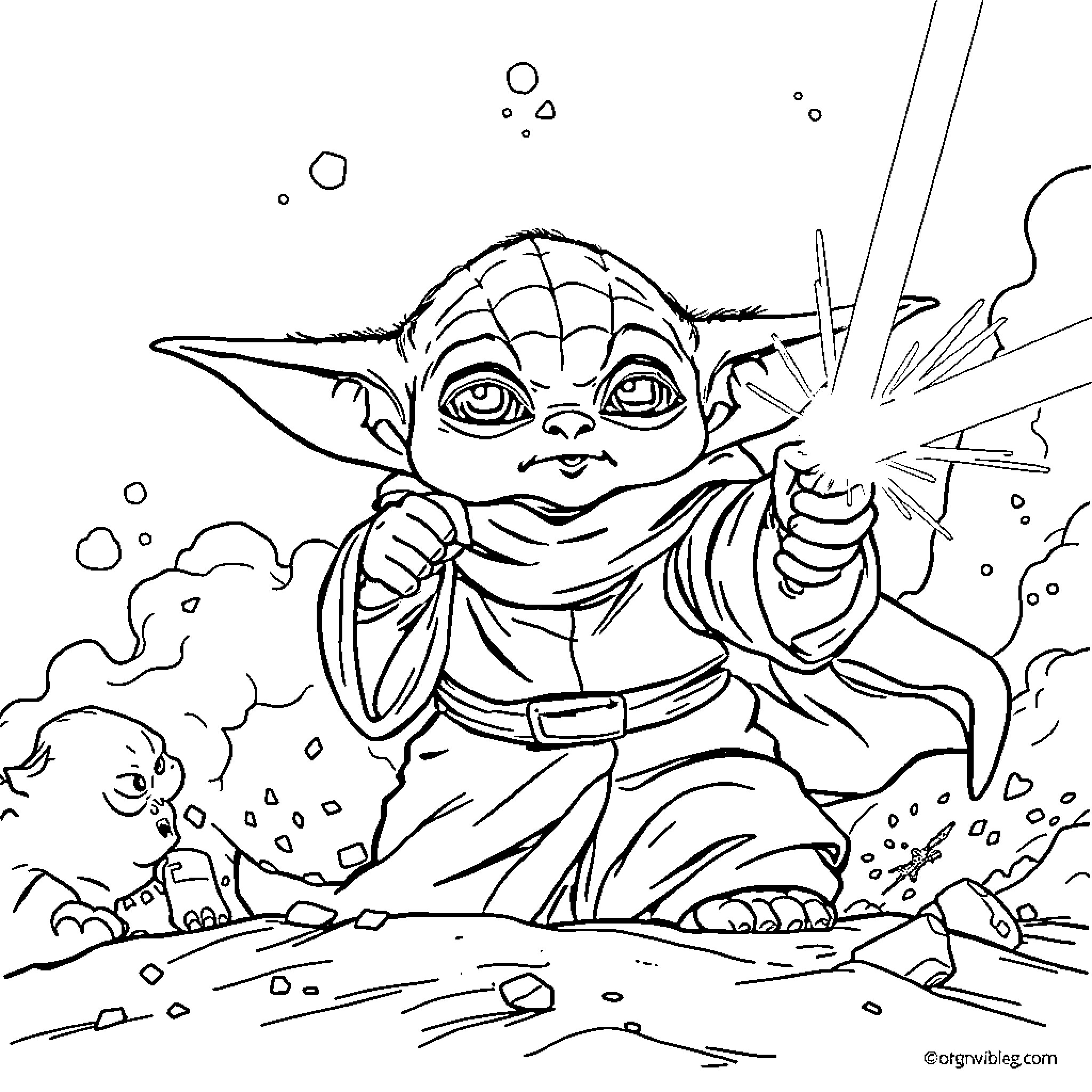 Baby Yoda playing with lightsaber in the snow Coloring Page (free black-and-white line drawing printable PDF for all, from beginners to advanced learners, including children, teens, adults, and seniors)