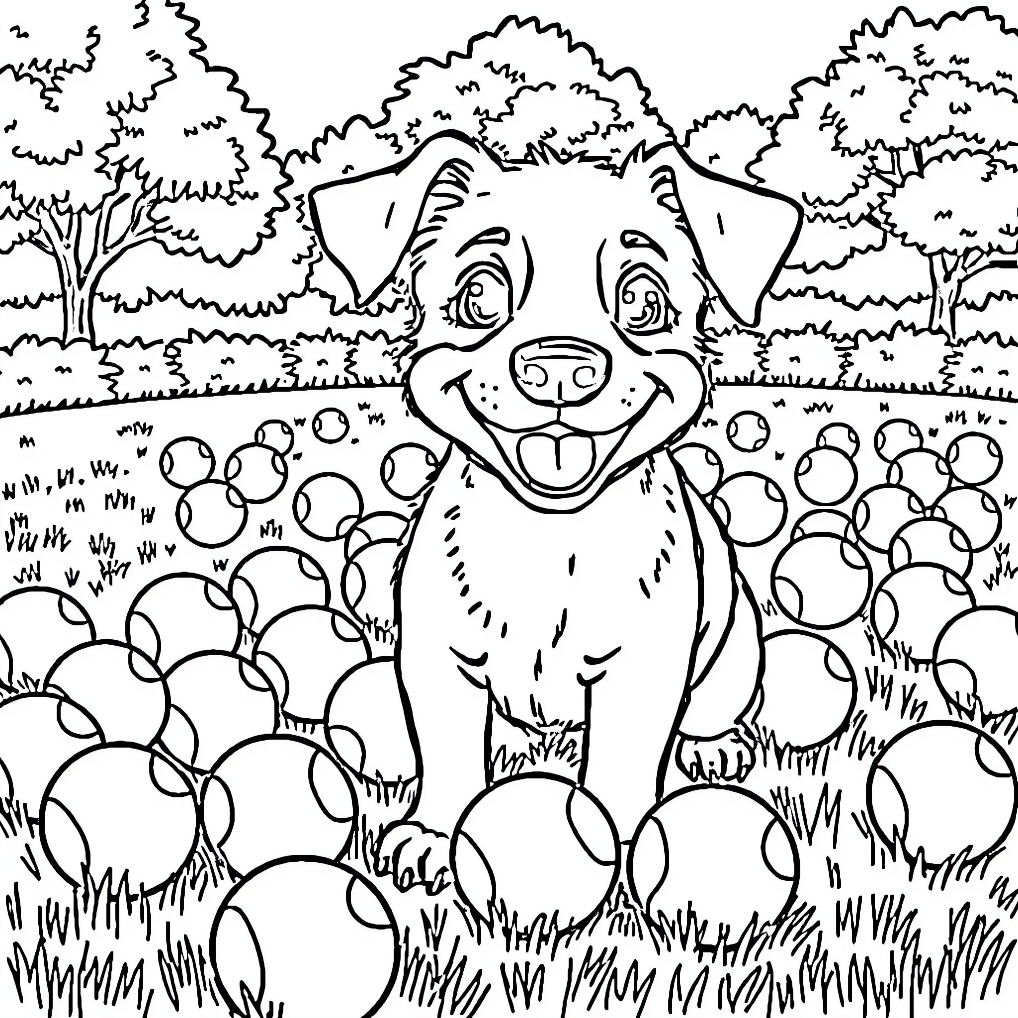 Dog joyfully playing in nature Coloring Page (free black-and-white line drawing printable PDF for all, from beginners to advanced learners, including children, teens, adults, and seniors)