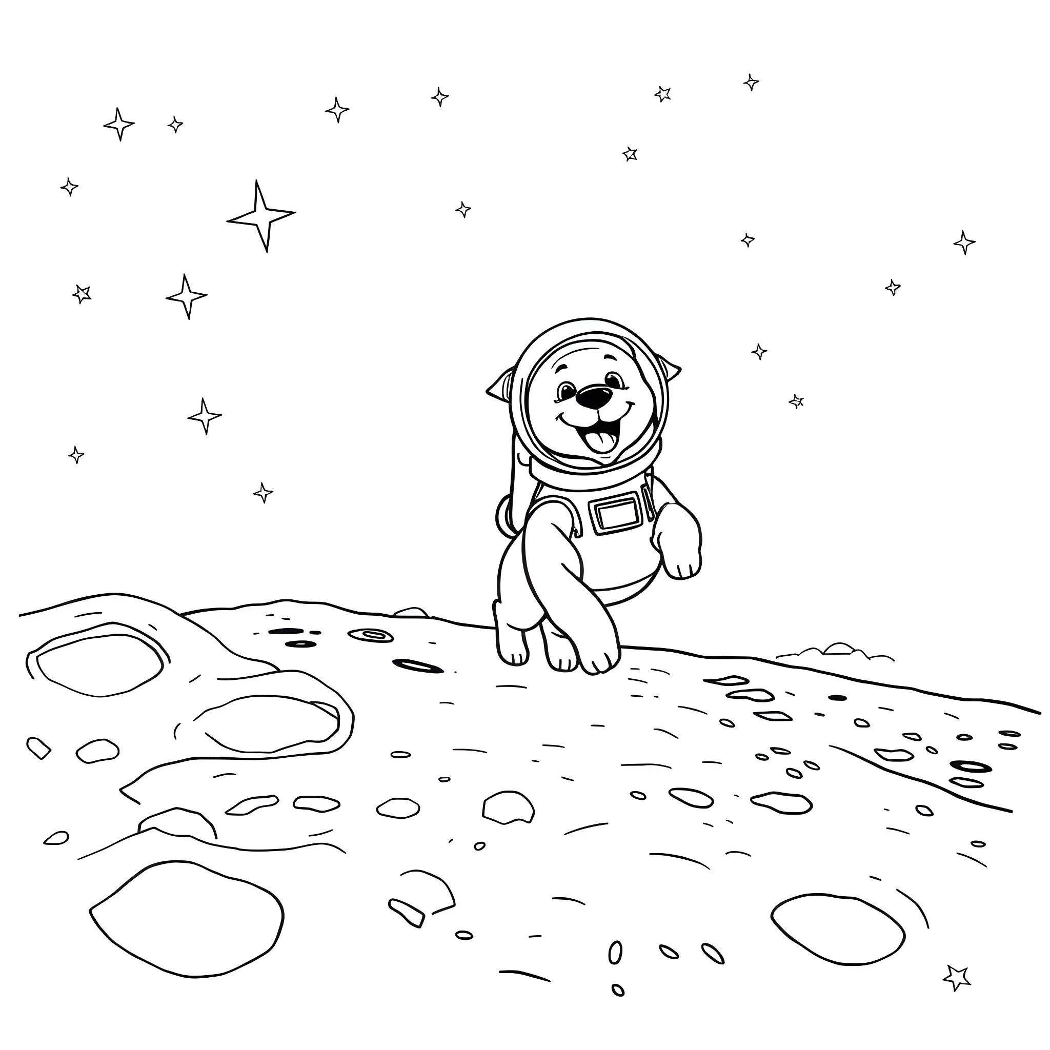 Dog Astronaut Exploring the Lunar Surface Coloring Page (free black-and-white line drawing printable PDF for all, from beginners to advanced learners, including children, teens, adults, and seniors)