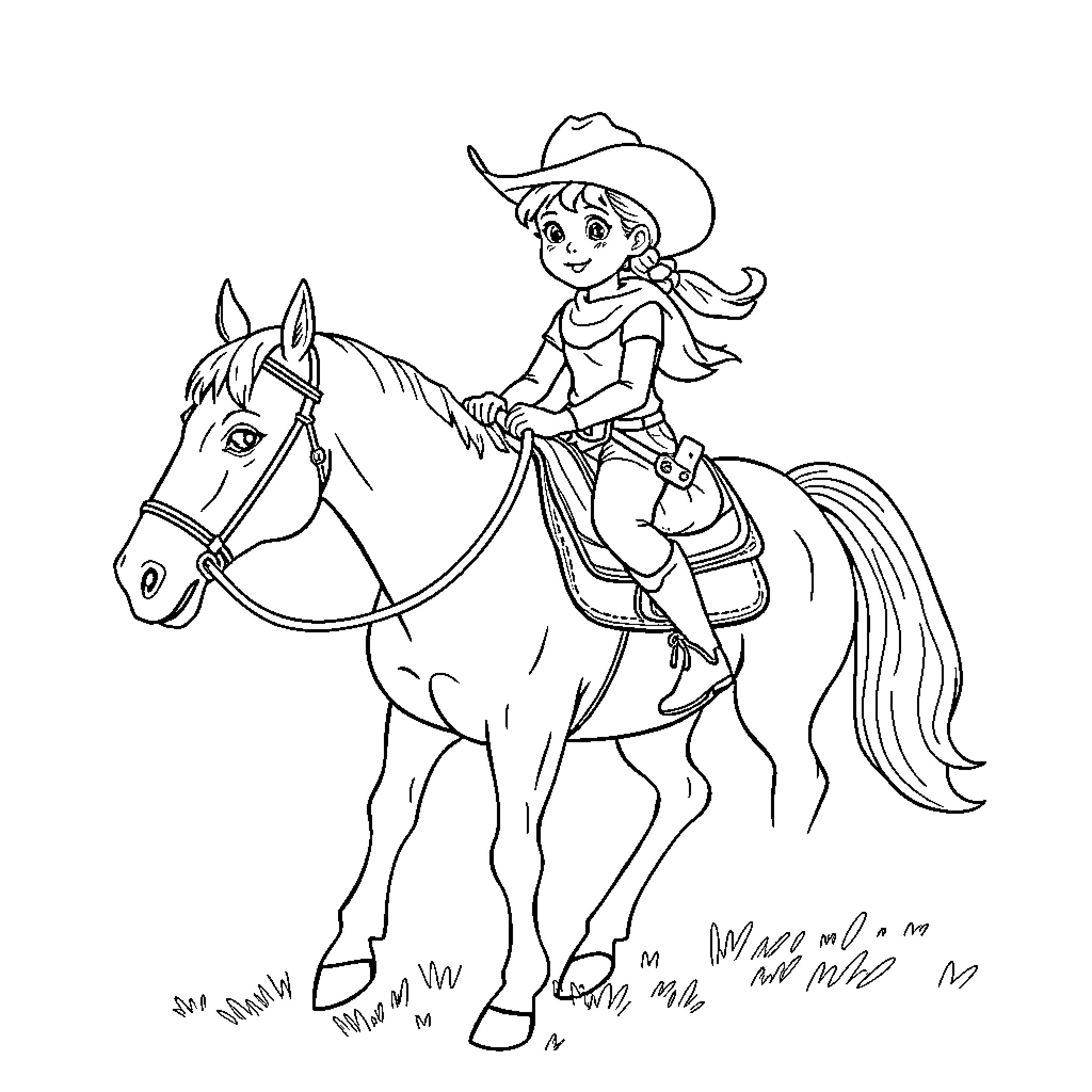 Cowgirl riding a horse in the countryside Coloring Page (free black-and-white line drawing printable PDF for all, from beginners to advanced learners, including children, teens, adults, and seniors)