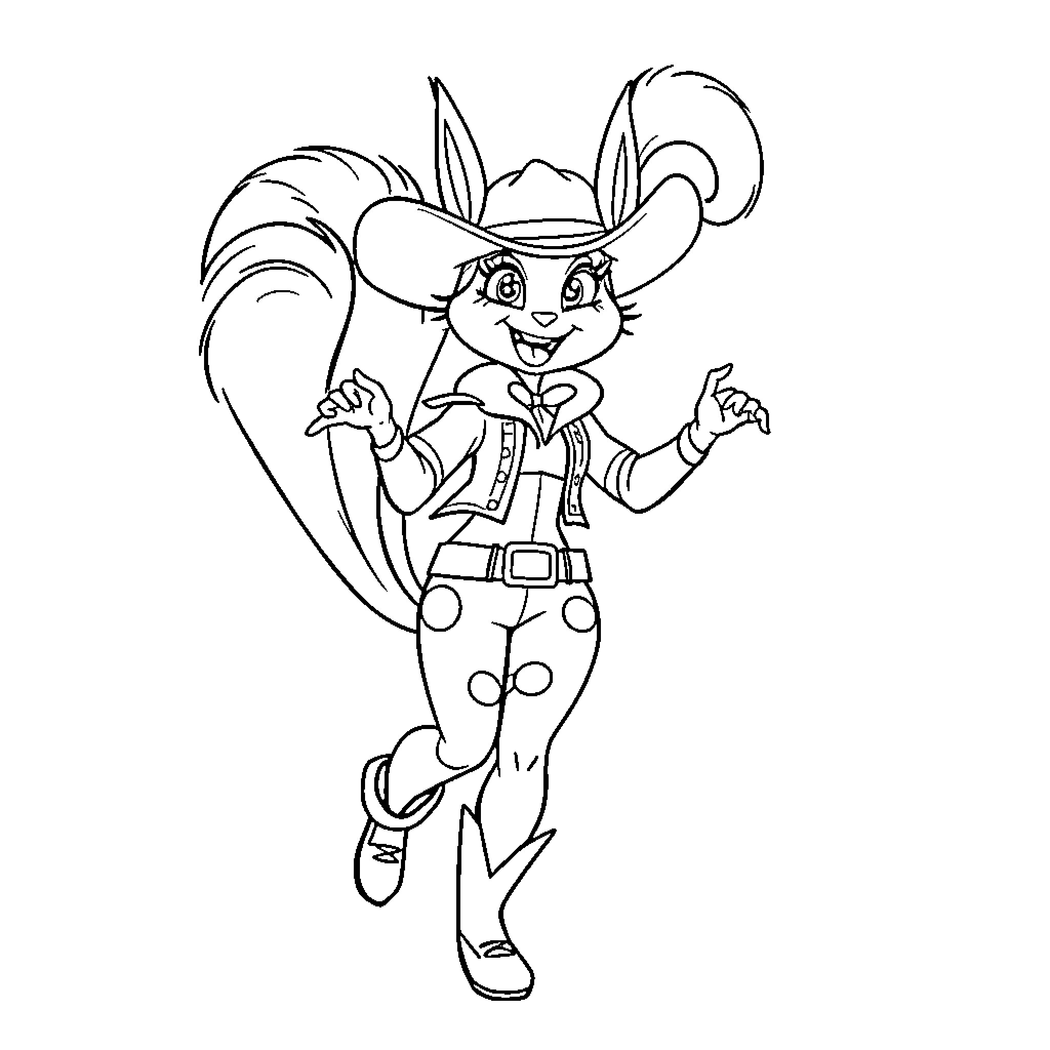Squirrel Girl in a cheerful and adventurous pose Coloring Page (free black-and-white line drawing printable PDF for all, from beginners to advanced learners, including children, teens, adults, and seniors)