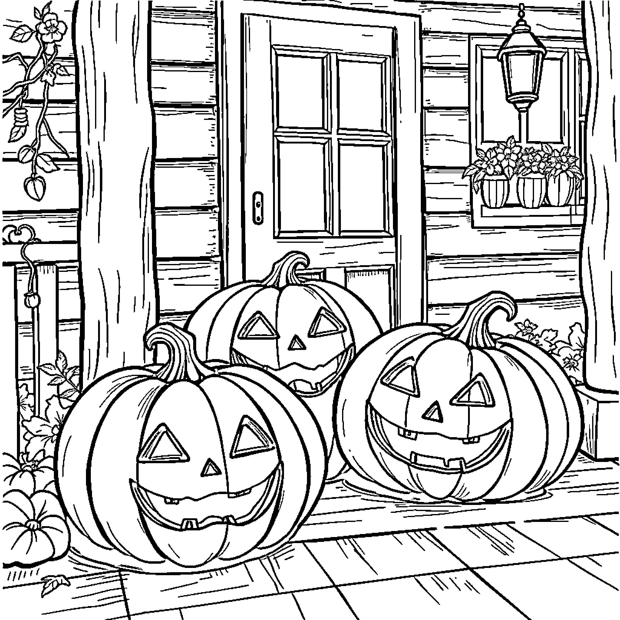 Pumpkin-faced lanterns on a cozy porch Coloring Page (free black-and-white line drawing printable PDF for all, from beginners to advanced learners, including children, teens, adults, and seniors)