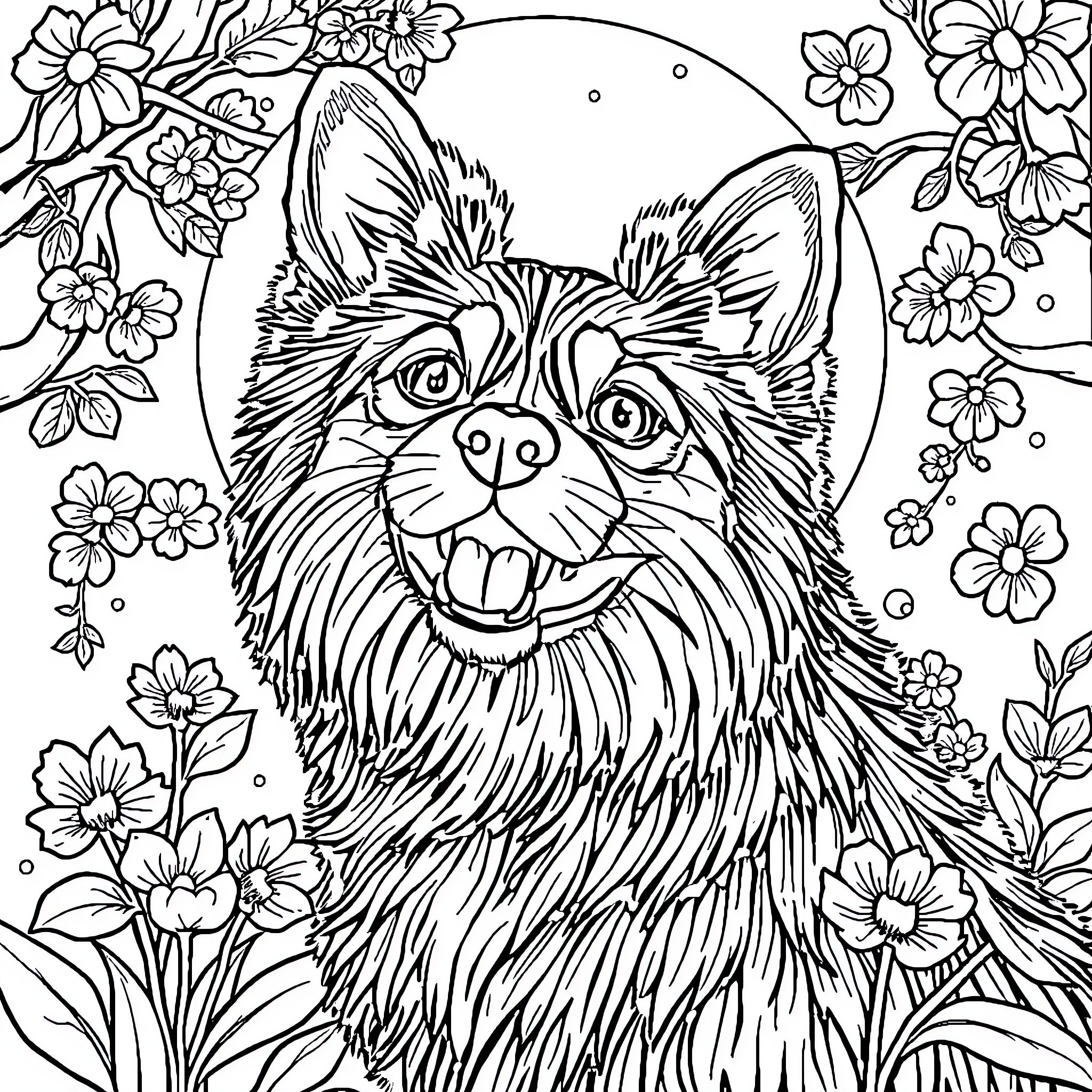 Dog surrounded by colorful flowers Coloring Page (free black-and-white line drawing printable PDF for all, from beginners to advanced learners, including children, teens, adults, and seniors)