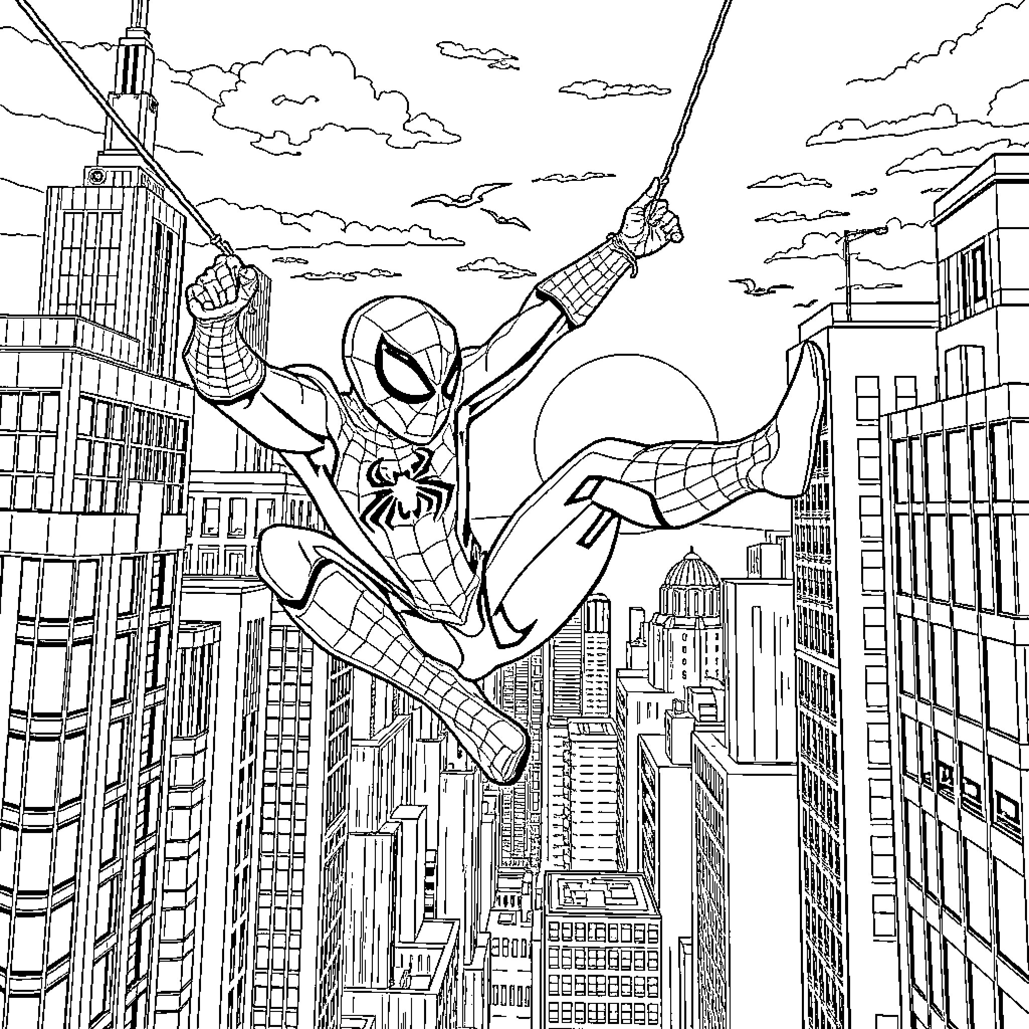 Spider-Man swinging through the city skyline Coloring Page (free black-and-white line drawing printable PDF for all, from beginners to advanced learners, including children, teens, adults, and seniors)