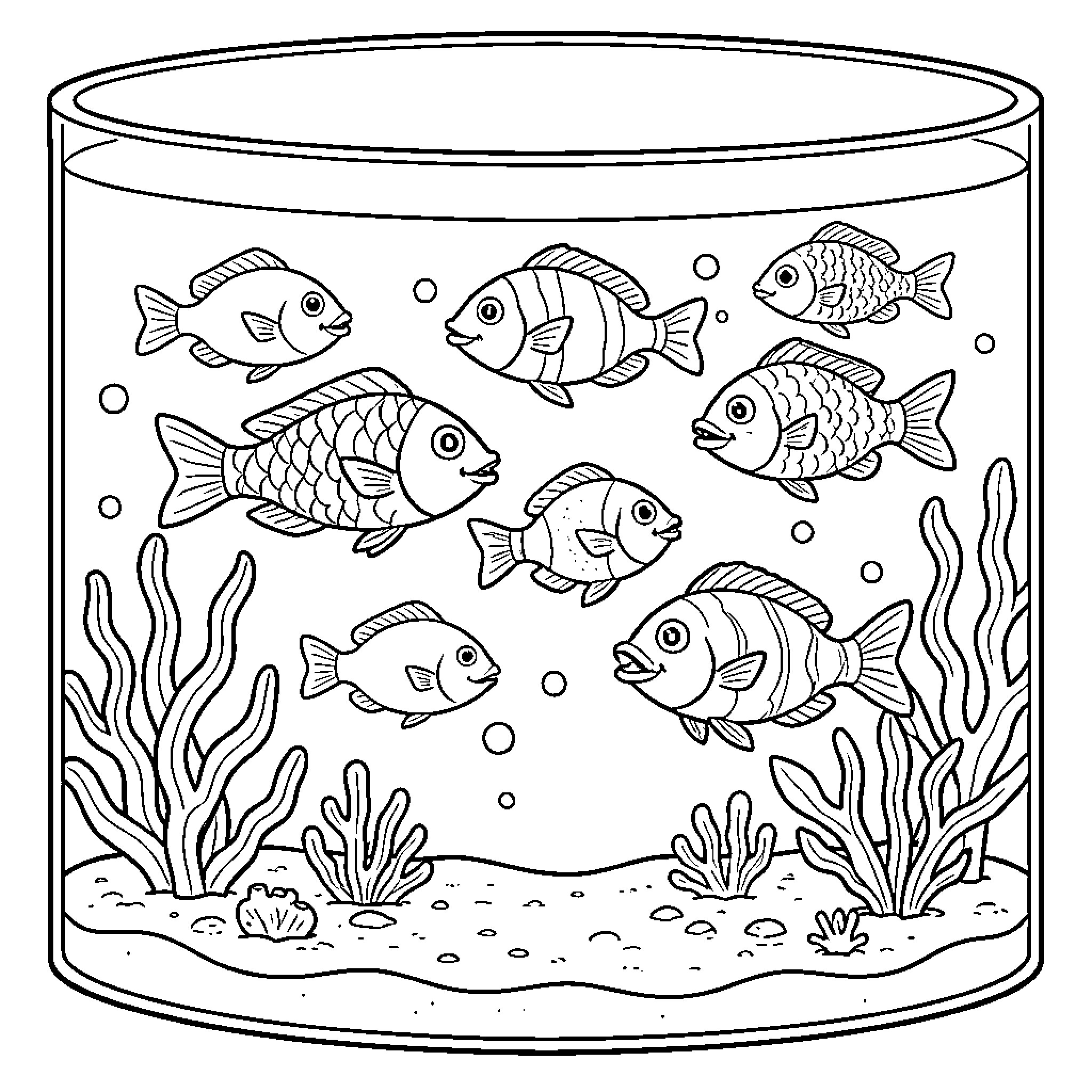 Fish swimming in an aquarium Coloring Page (free black-and-white line drawing printable PDF for all, from beginners to advanced learners, including children, teens, adults, and seniors)