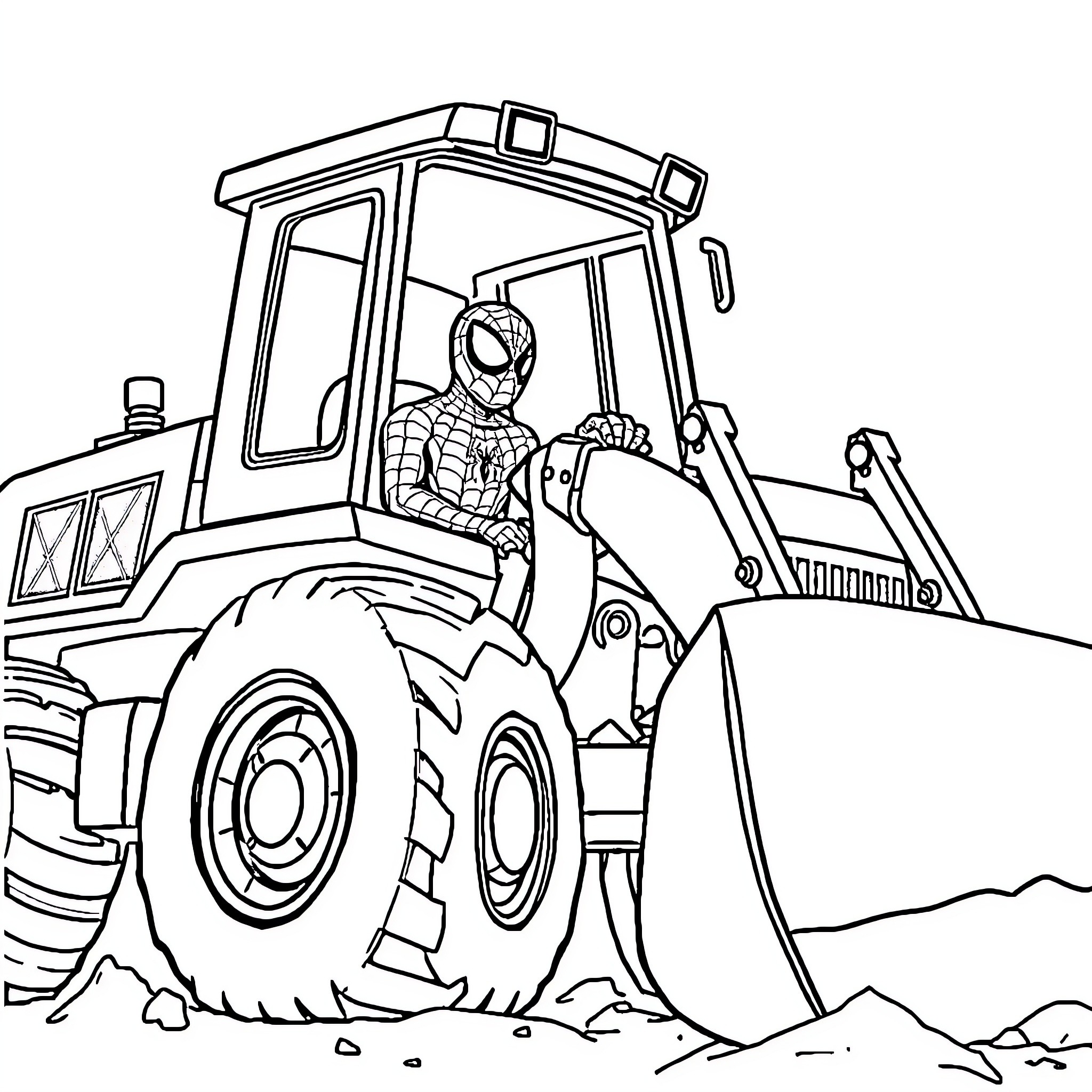 Spiderman operating a construction vehicle Coloring Page (free black-and-white line drawing printable PDF for all, from beginners to advanced learners, including children, teens, adults, and seniors)