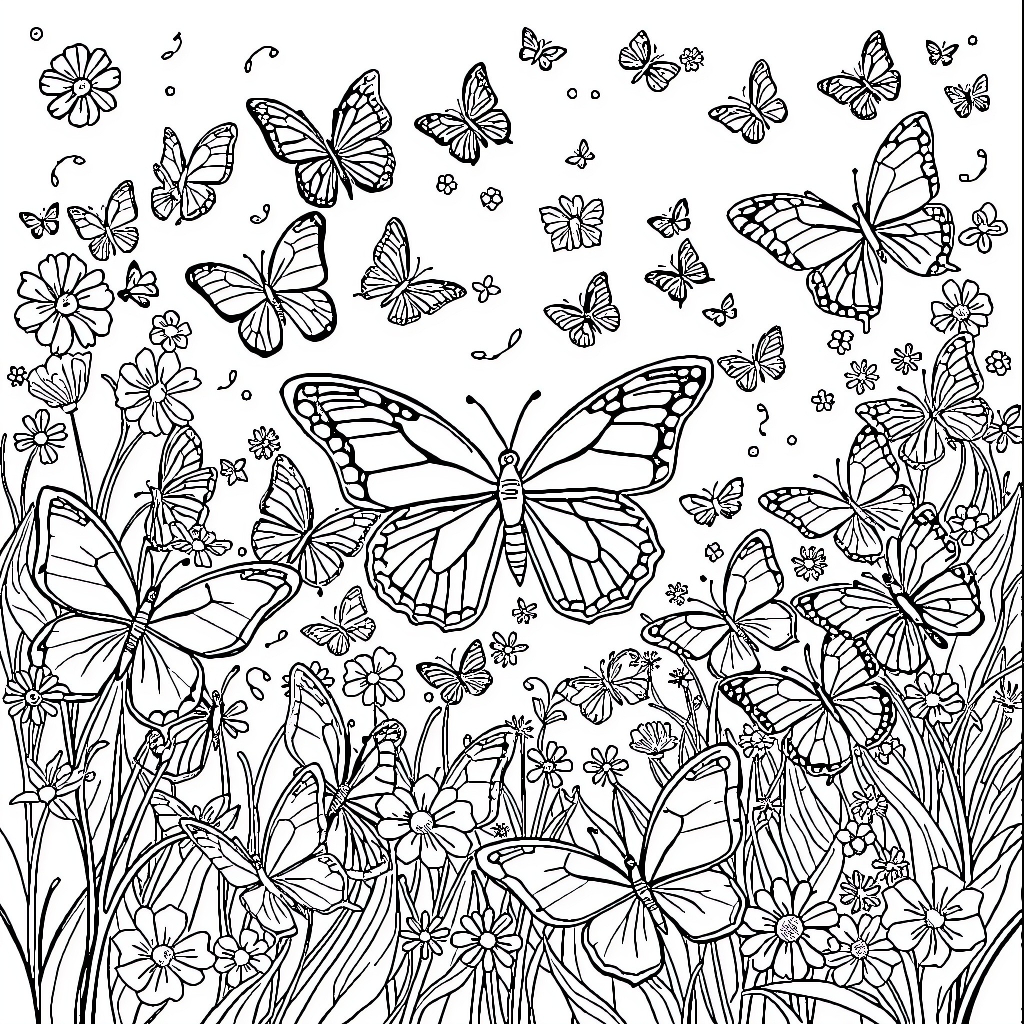 Butterfly Garden with Fluttering Butterflies Coloring Page (free black-and-white line drawing printable PDF for all, from beginners to advanced learners, including children, teens, adults, and seniors)