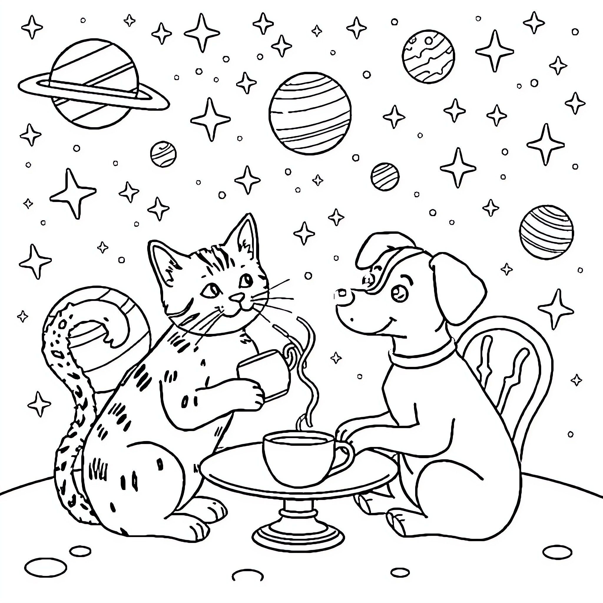 Cat and Dog Exploring Cosmic Wonders Coloring Page (free black-and-white line drawing printable PDF for all, from beginners to advanced learners, including children, teens, adults, and seniors)