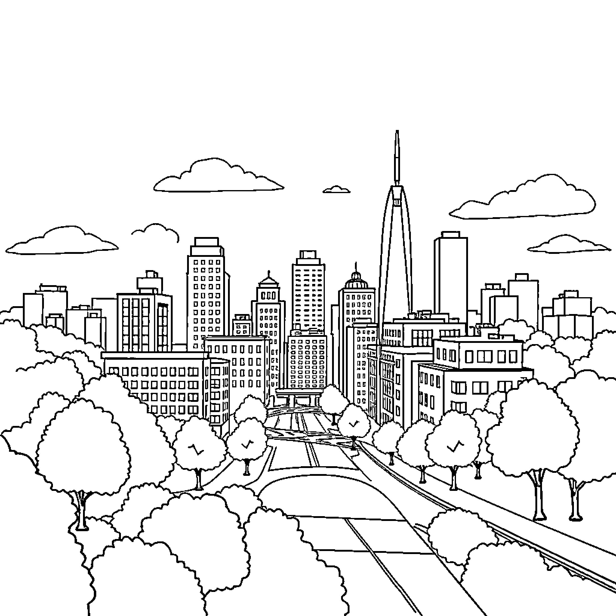 City of skyscrapers and busy streets Coloring Page (free black-and-white line drawing printable PDF for all, from beginners to advanced learners, including children, teens, adults, and seniors)