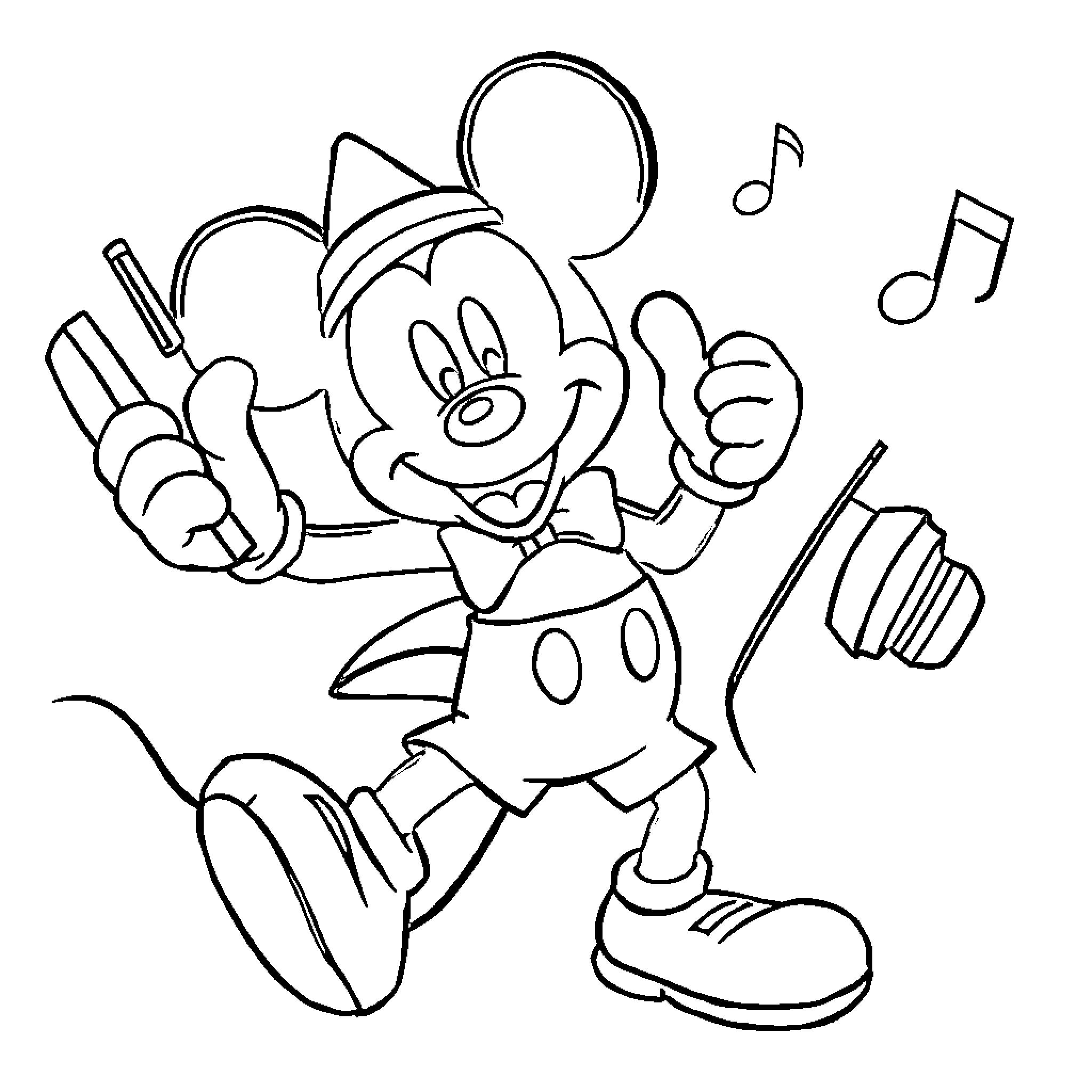 Mickey Mouse playing music and dancing happily Coloring Page (free black-and-white line drawing printable PDF for all, from beginners to advanced learners, including children, teens, adults, and seniors)