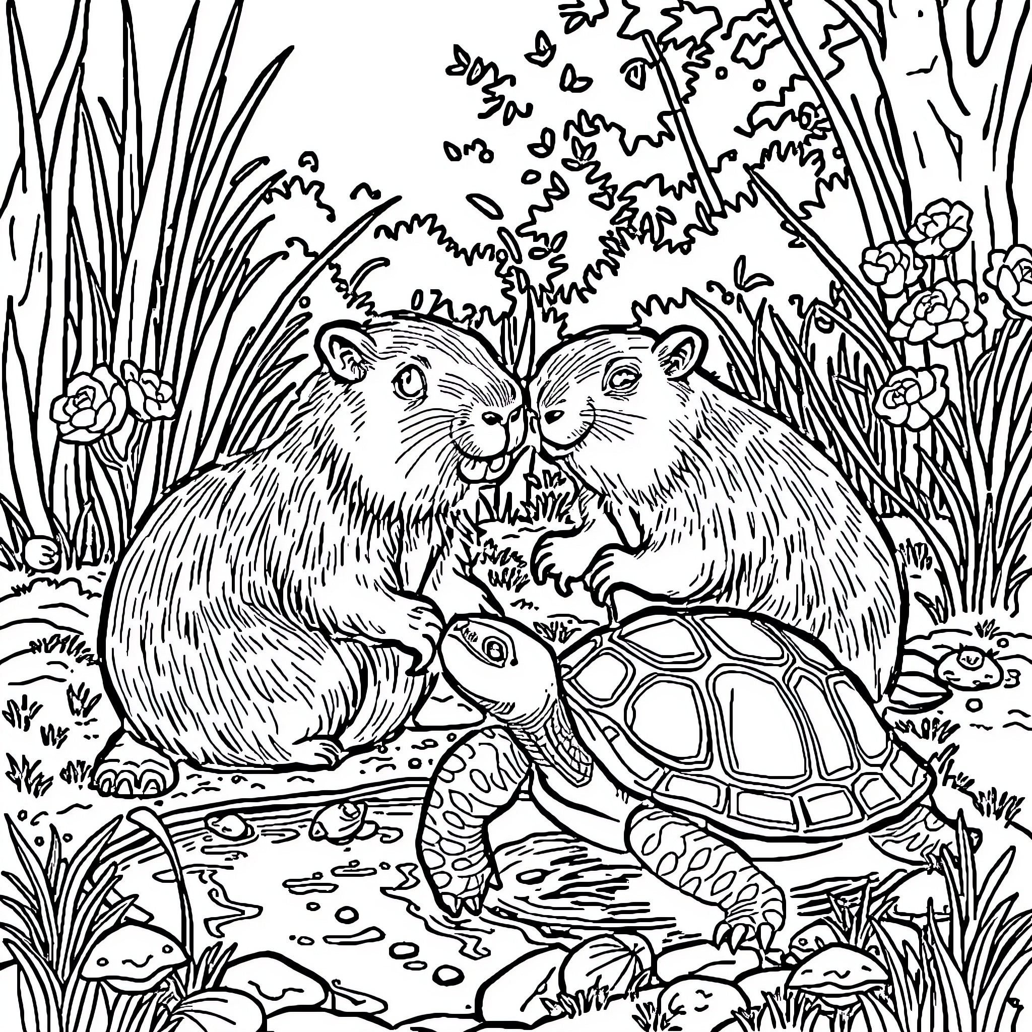 Capybara and Turtle in a Lush Garden Coloring Page (free black-and-white line drawing printable PDF for all, from beginners to advanced learners, including children, teens, adults, and seniors)