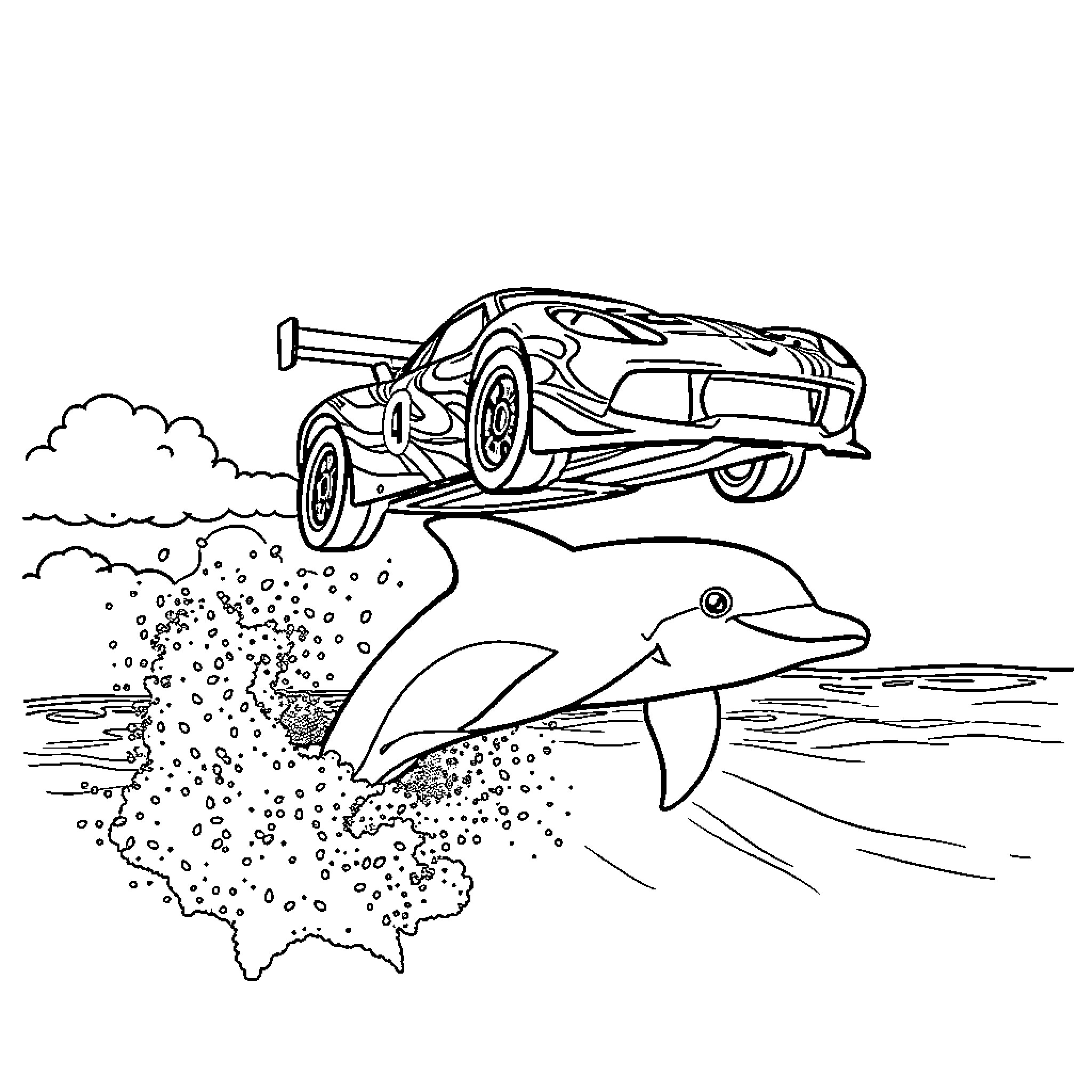 Racecar jumping over dolphin in the ocean Coloring Page (free black-and-white line drawing printable PDF for all, from beginners to advanced learners, including children, teens, adults, and seniors)