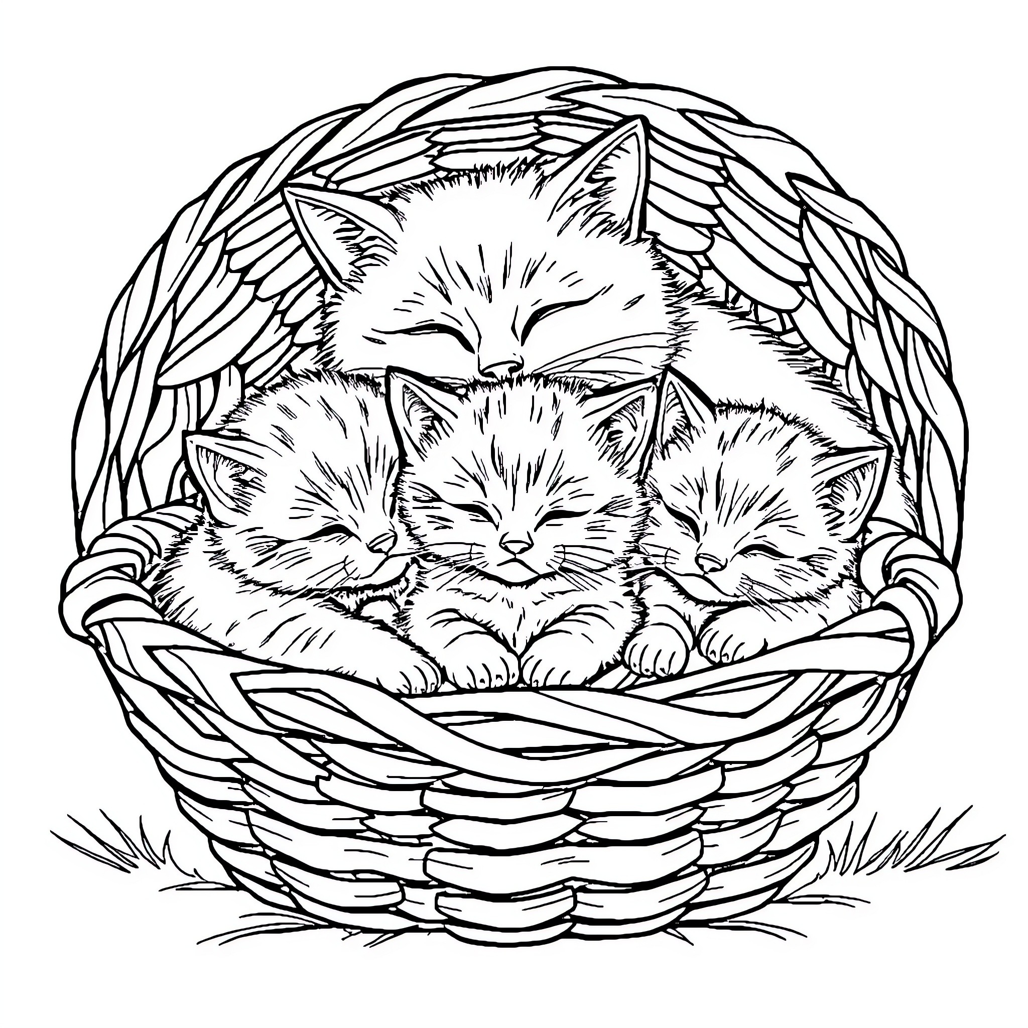 Kitten sleeping peacefully in a woven basket Coloring Page (free black-and-white line drawing printable PDF for all, from beginners to advanced learners, including children, teens, adults, and seniors)