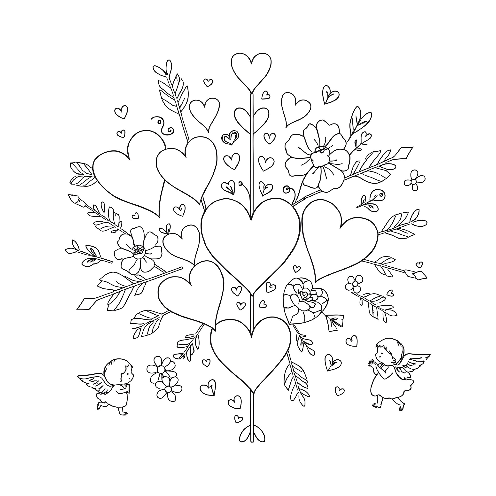 Valentine's Day Floral and Heart Illustration Coloring Page (free black-and-white line drawing printable PDF for all, from beginners to advanced learners, including children, teens, adults, and seniors)