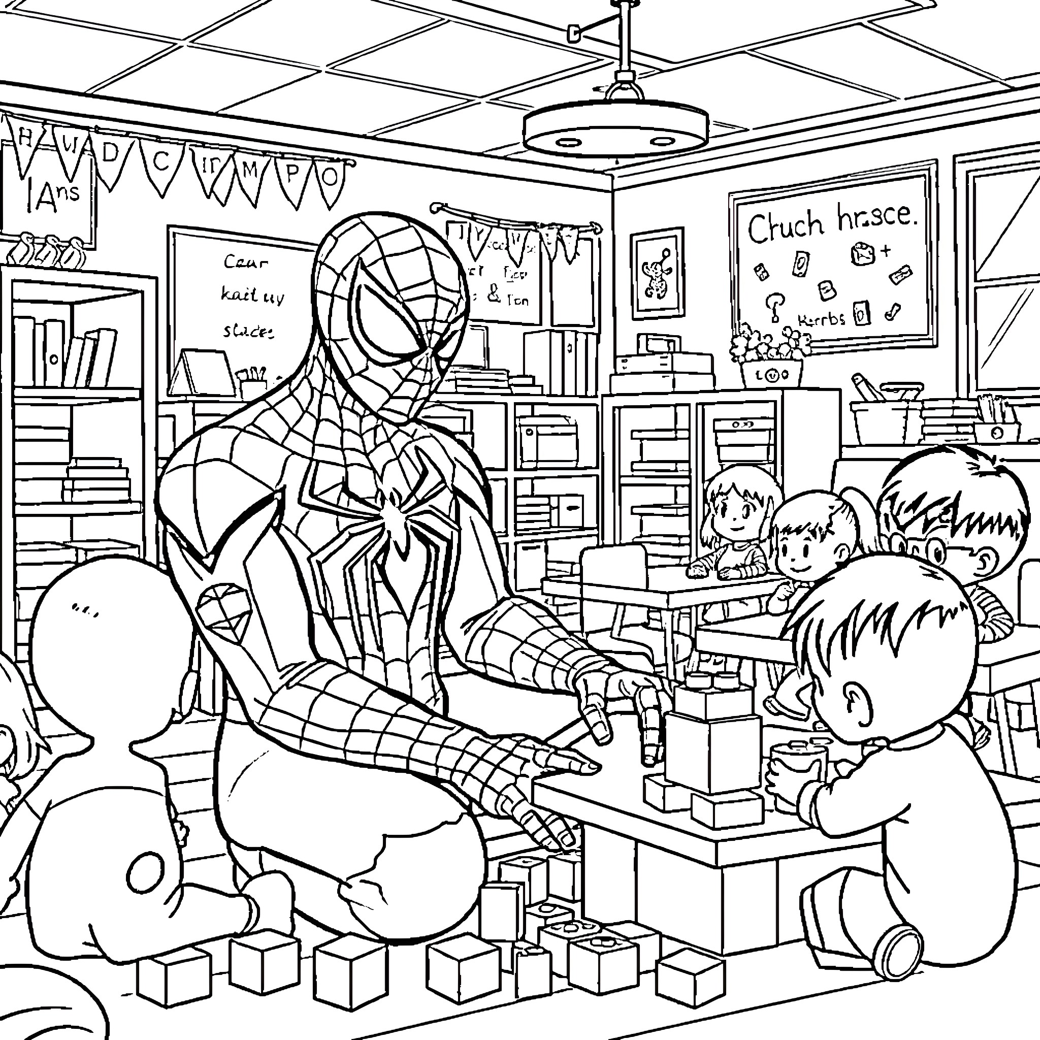 Spider-Man Playing with Children in Classroom Coloring Page (free black-and-white line drawing printable PDF for all, from beginners to advanced learners, including children, teens, adults, and seniors)