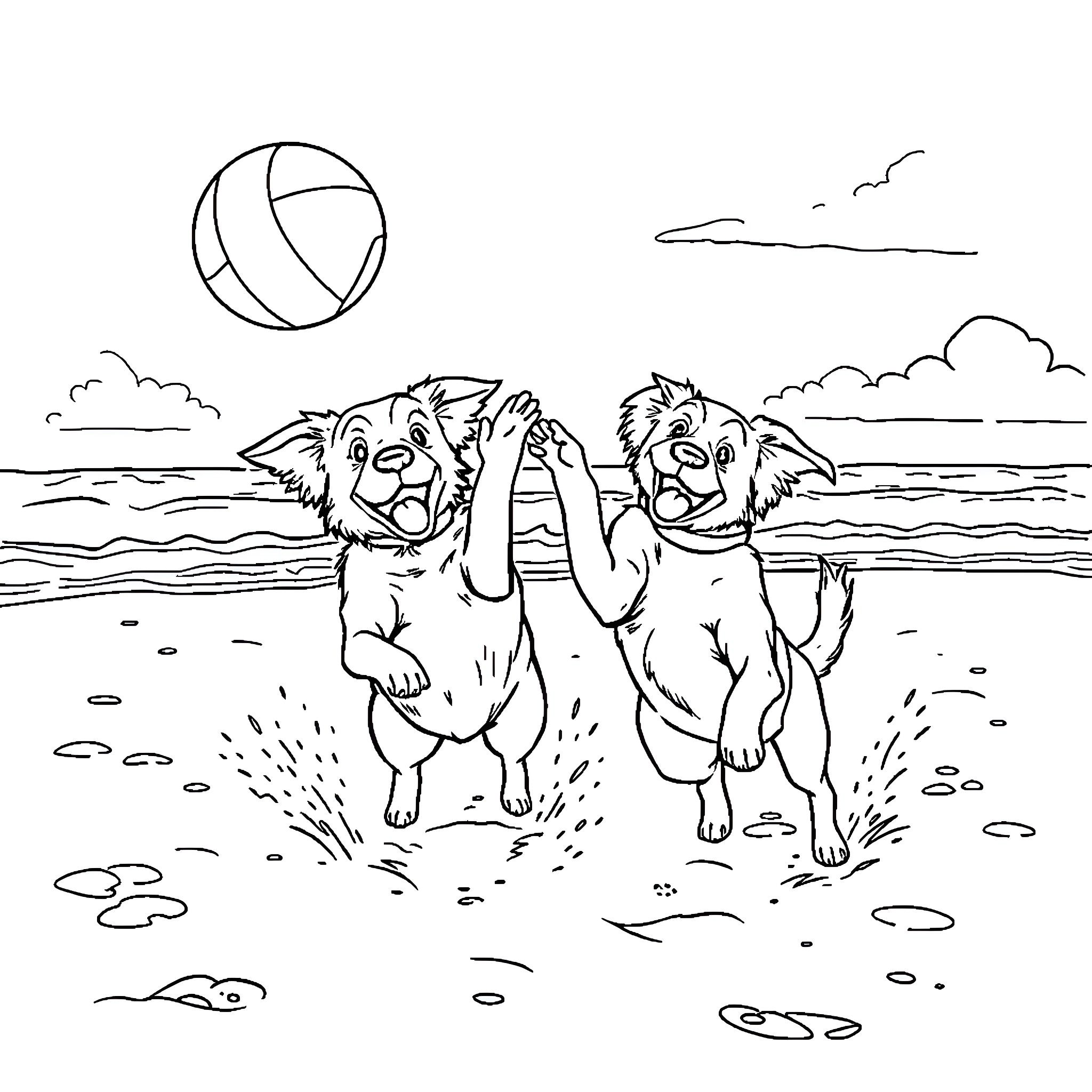 Dogs playing joyfully with a volleyball on the beach Coloring Page (free black-and-white line drawing printable PDF for all, from beginners to advanced learners, including children, teens, adults, and seniors)