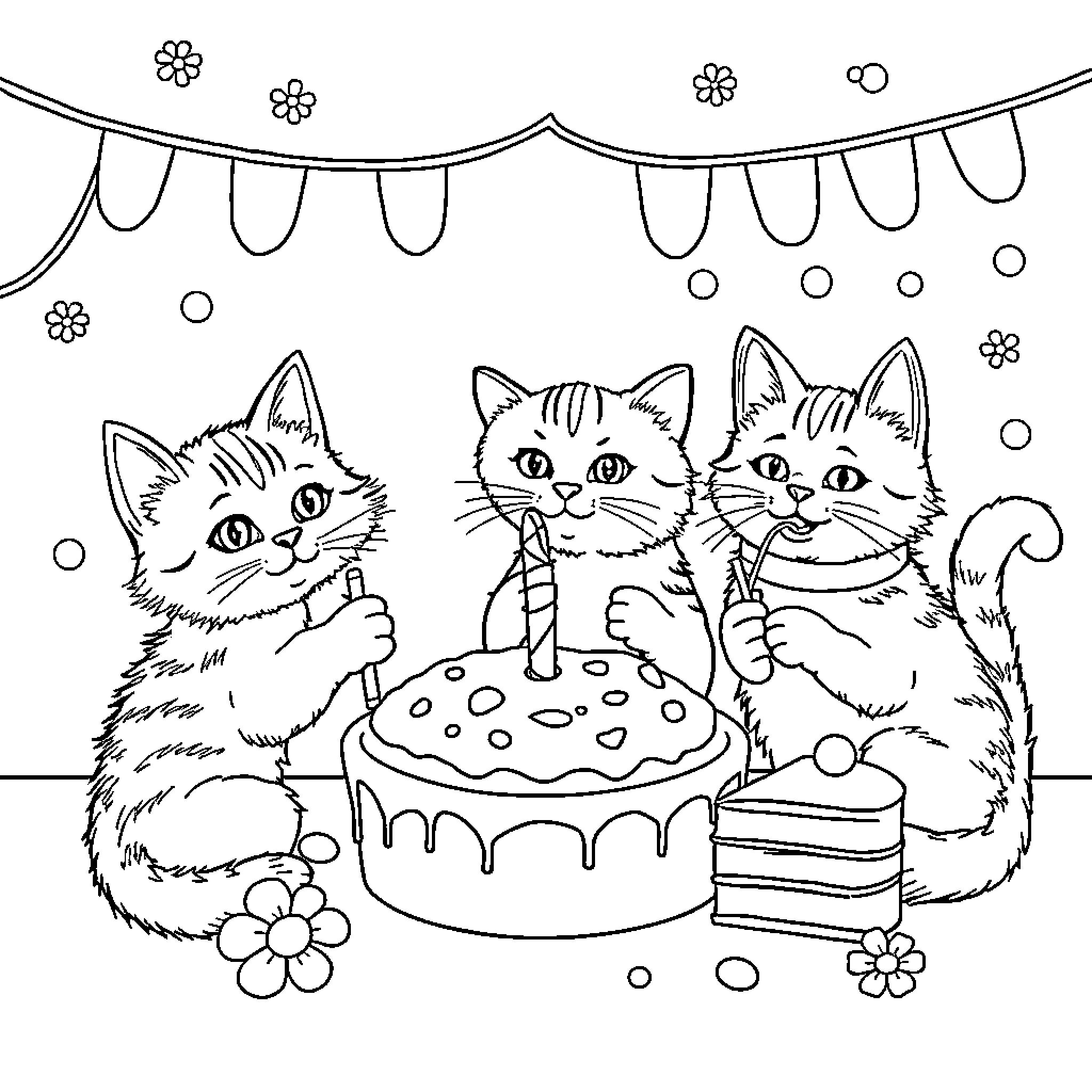 Gaby Cat Cats Celebrate with Cake and Party Decor Coloring Page (free black-and-white line drawing printable PDF for all, from beginners to advanced learners, including children, teens, adults, and seniors)