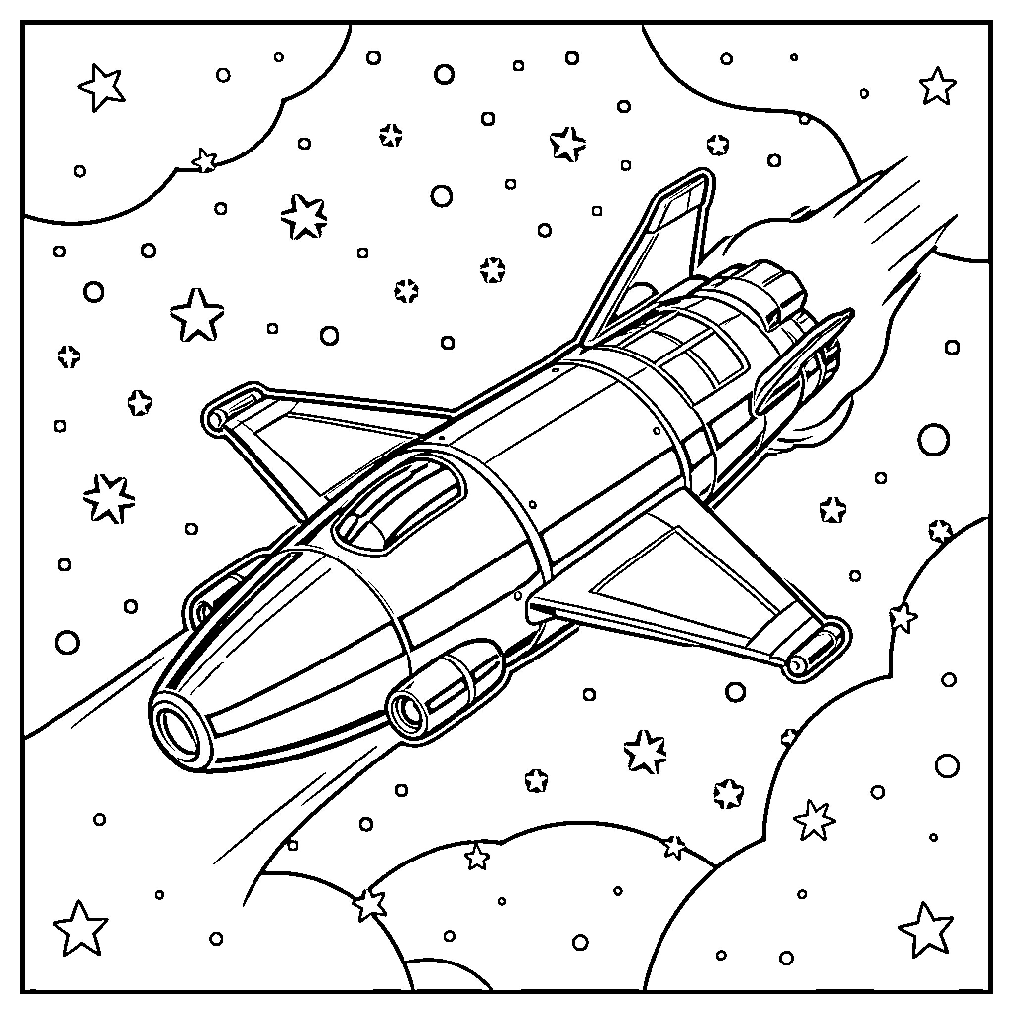 Sp' Spacecraft flying amidst celestial stars Coloring Page (free black-and-white line drawing printable PDF for all, from beginners to advanced learners, including children, teens, adults, and seniors)